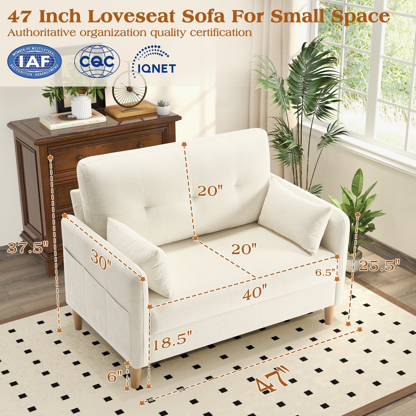 47'' Wide LoveSeat, 2-seat Chenille sofa with 2 Pillows for Living Room and Small Spaces