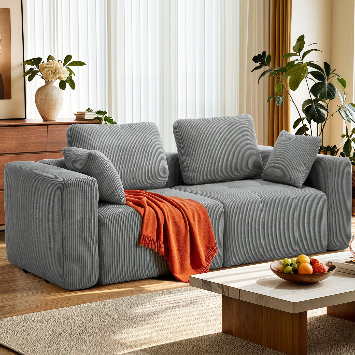 BedLuxury Modular Sectional Sofa with Deep Seat, Modern U-shaped Sofa with Wide Armrests and Ottoman for Living Room or Bedroom, Corduroy Fabric.