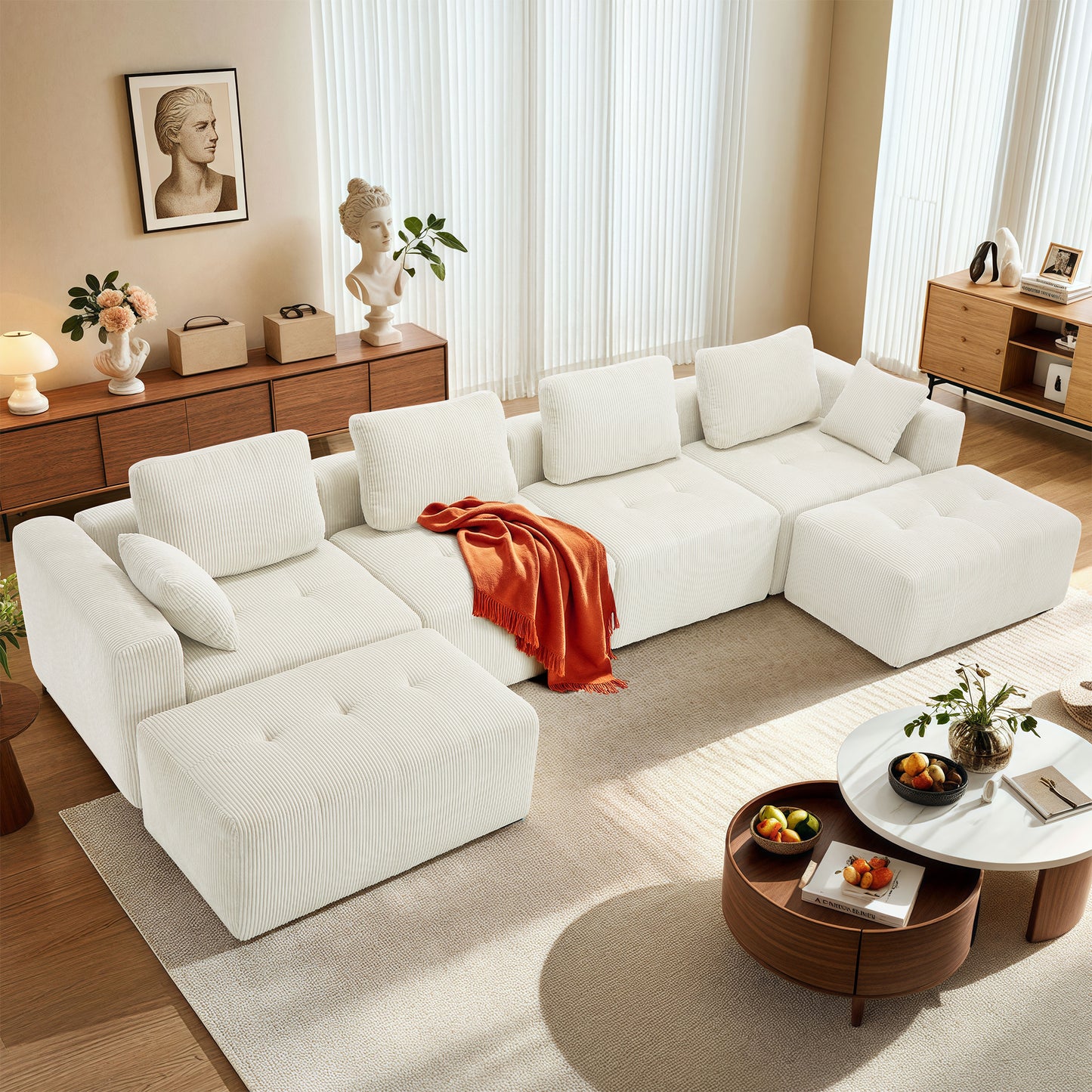 BedLuxury Modular Sectional Sofa with Deep Seat, Modern U-shaped Sofa with Wide Armrests and Ottoman for Living Room or Bedroom, Corduroy Fabric.