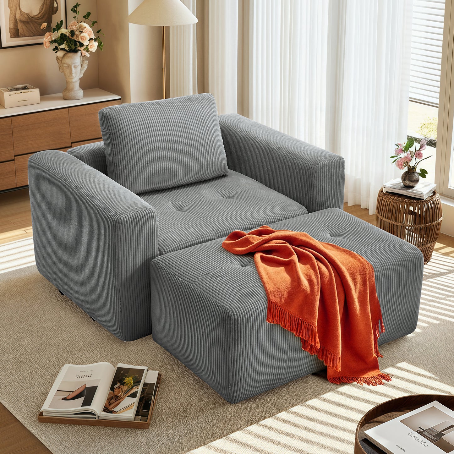 BedLuxury Modular Sectional Sofa with Deep Seat, Modern U-shaped Sofa with Wide Armrests and Ottoman for Living Room or Bedroom, Corduroy Fabric.