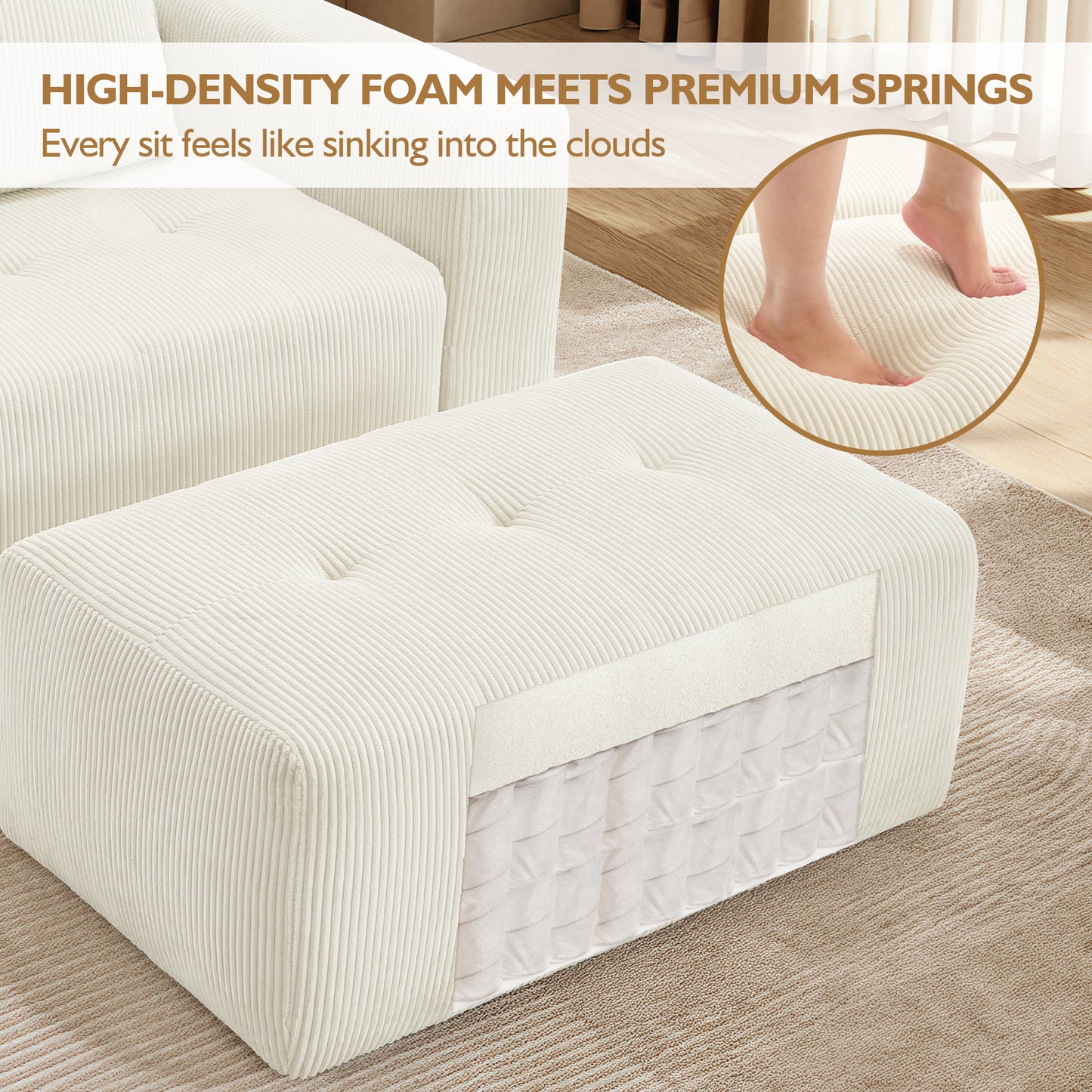 BedLuxury Modular Sectional Sofa with Deep Seat, Modern U-shaped Sofa with Wide Armrests and Ottoman for Living Room or Bedroom, Corduroy Fabric.