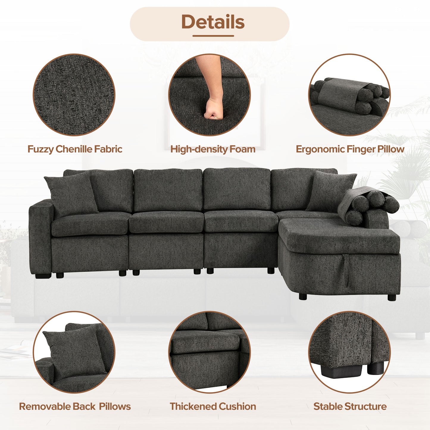 110’’ L-Shape Convertible Sectional Couches with Storage Chaise