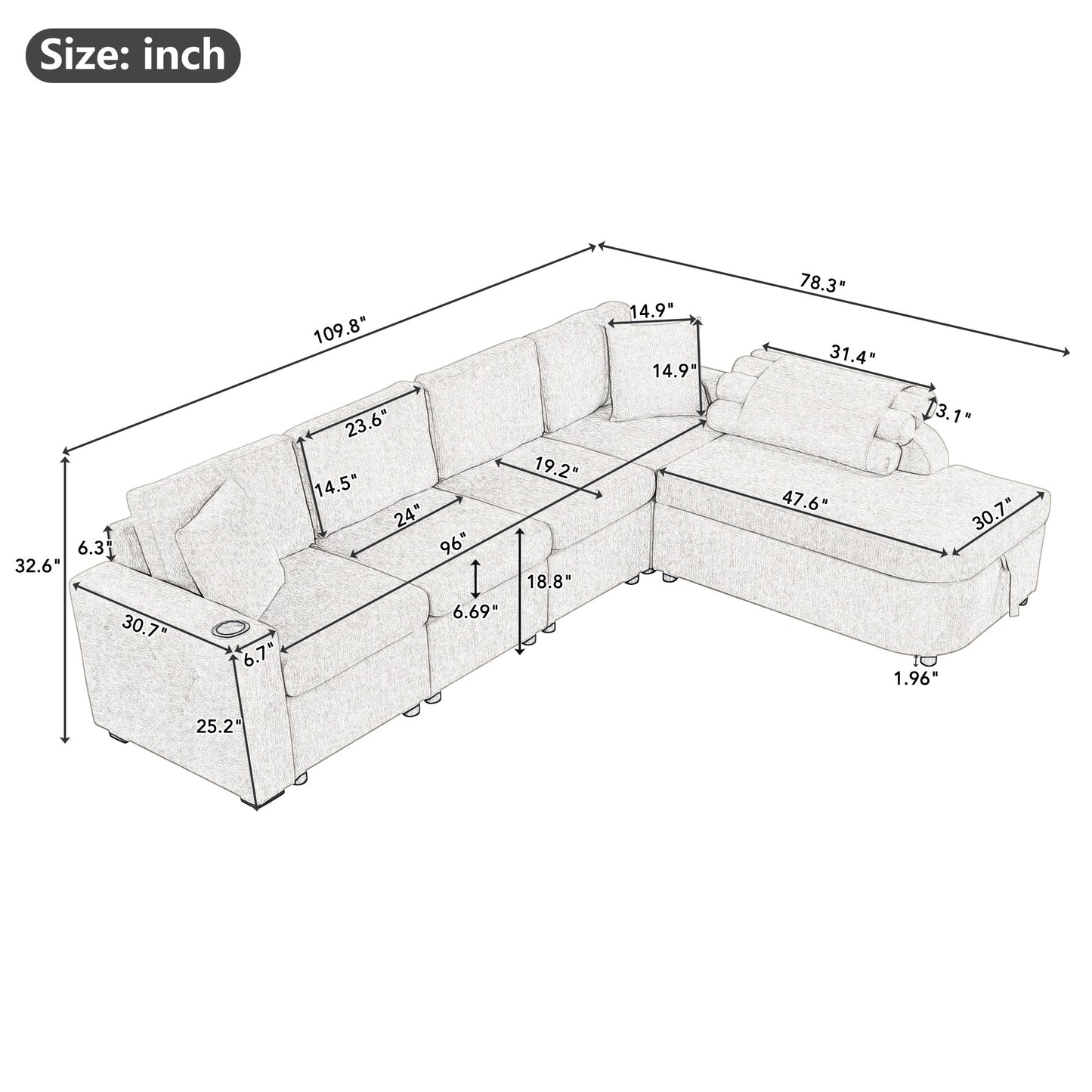 110’’ L-Shape Convertible Sectional Couches with Storage Chaise