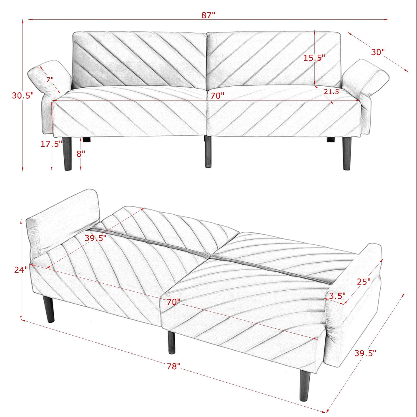 87'' Loveseat Sleeper Velvet Futon Sofa Bed