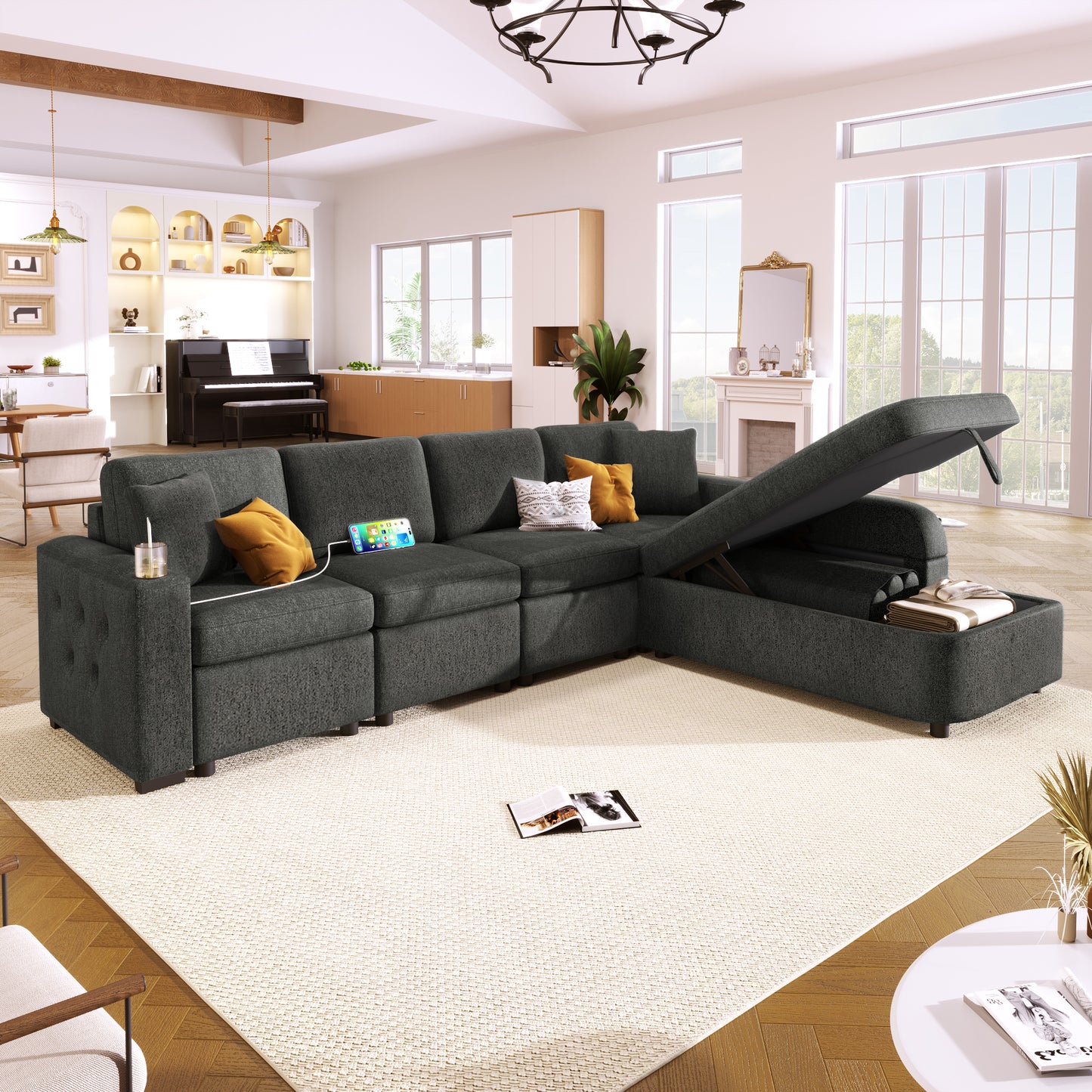 110’’ L-Shape Convertible Sectional Couches with Storage Chaise