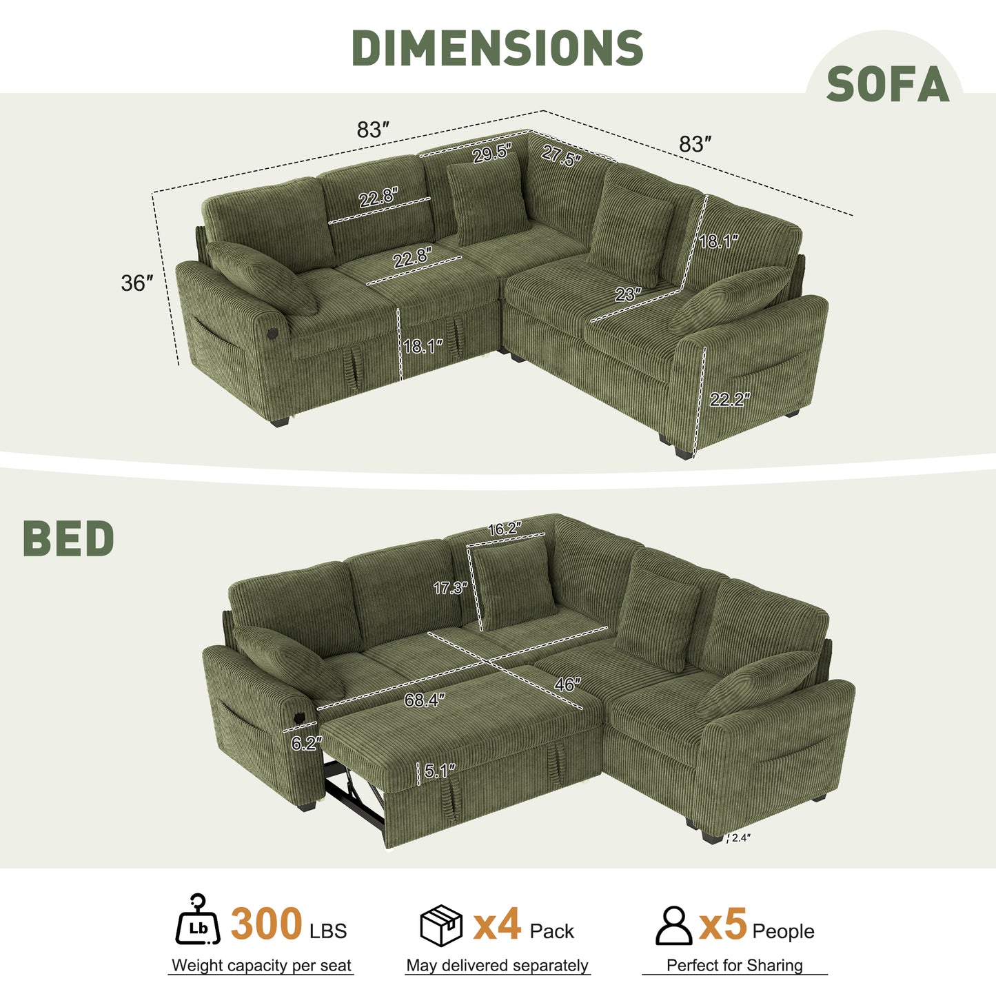 Sectional Sleeper Sofa with Pull Out Bed for Living Room
