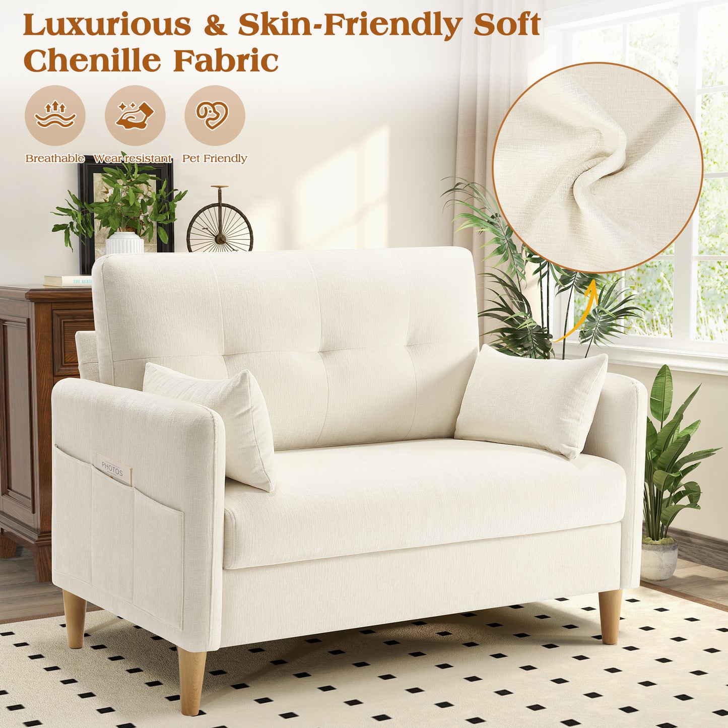 47'' Wide LoveSeat, 2-seat Chenille sofa with 2 Pillows for Living Room and Small Spaces