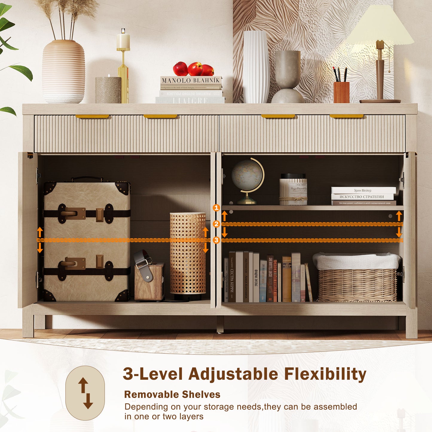 55.5 Inch Sideboard Buffet Cabinet With Sturdy Desktop