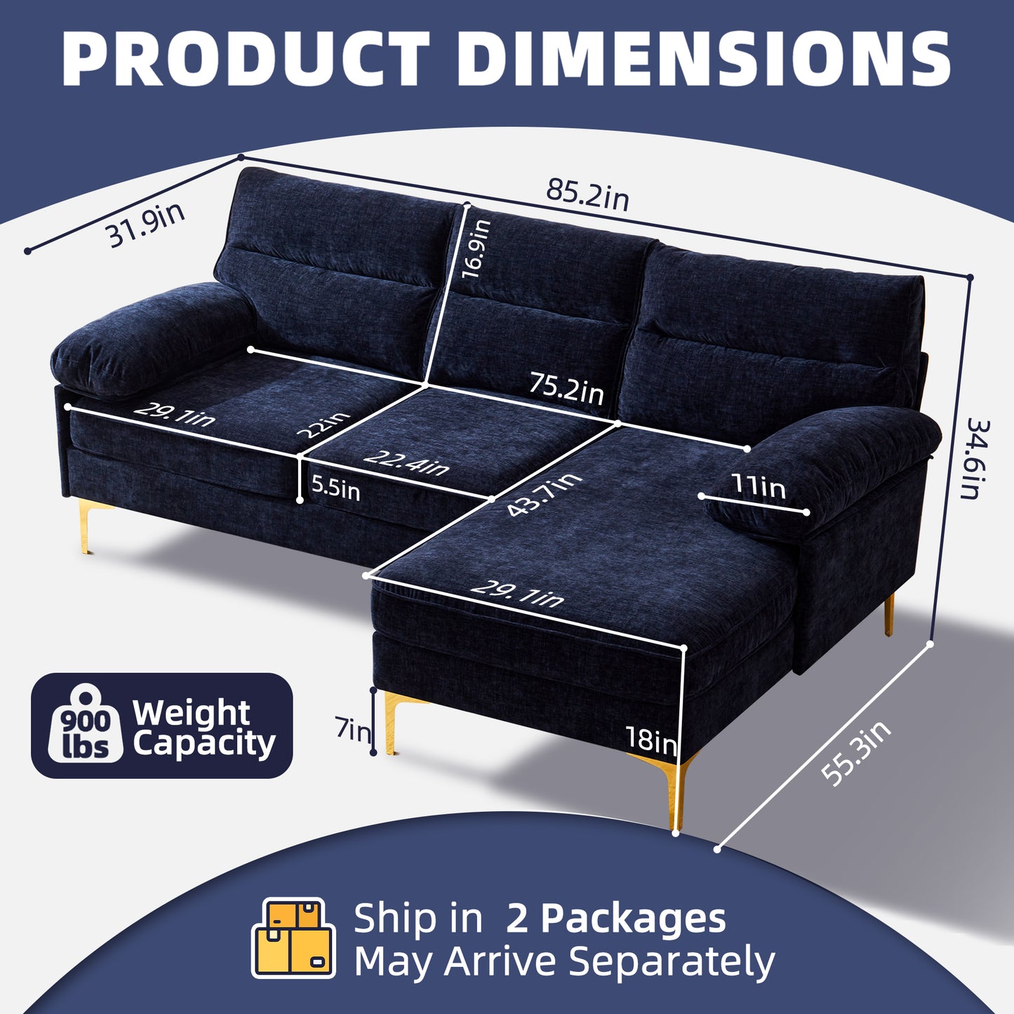 L Shape Couch 3 Seater Comfy Sofa with Reversible Chaise
