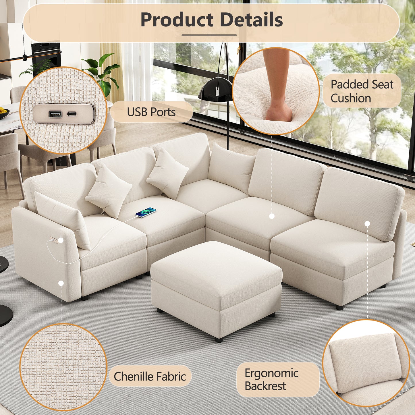 5 Seater Reversible Modular Sectional Sofa
