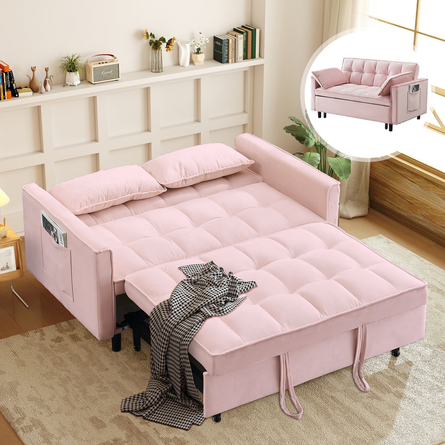 3-in-1 Convertible Sofa Bed, Loveseat Sleeper Sofa with Pull Out Bed & Adjustable Backrest for Living Room or Office