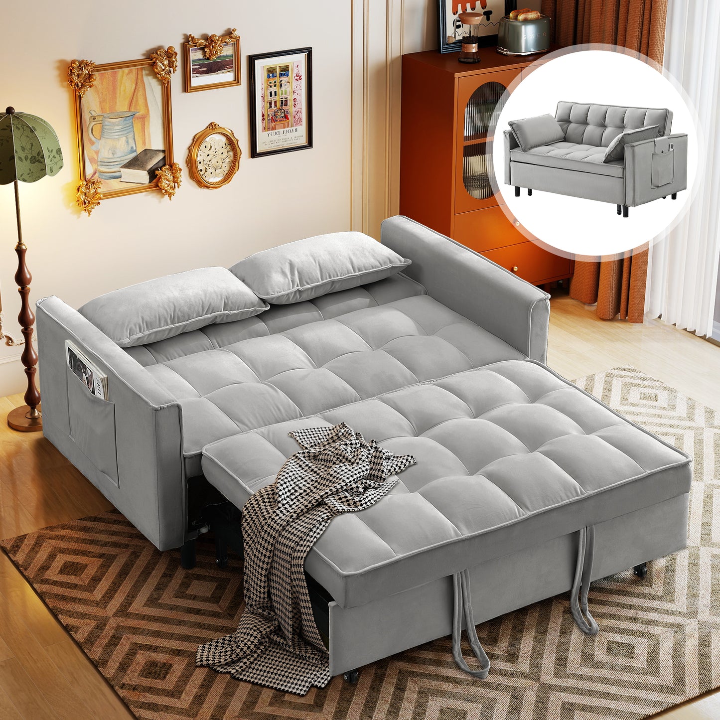 3-in-1 Convertible Sofa Bed, Loveseat Sleeper Sofa with Pull Out Bed & Adjustable Backrest for Living Room or Office