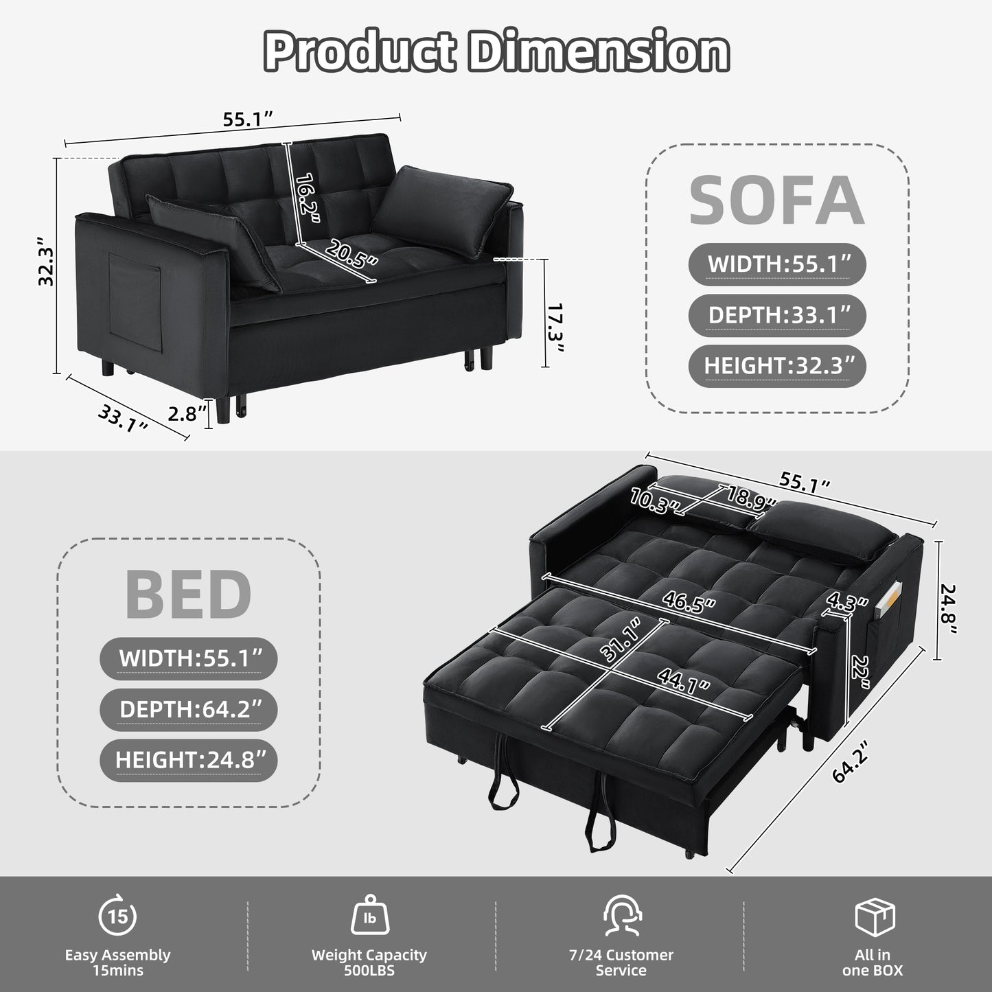 3-in-1 Convertible Sofa Bed, Loveseat Sleeper Sofa with Pull Out Bed & Adjustable Backrest for Living Room or Office