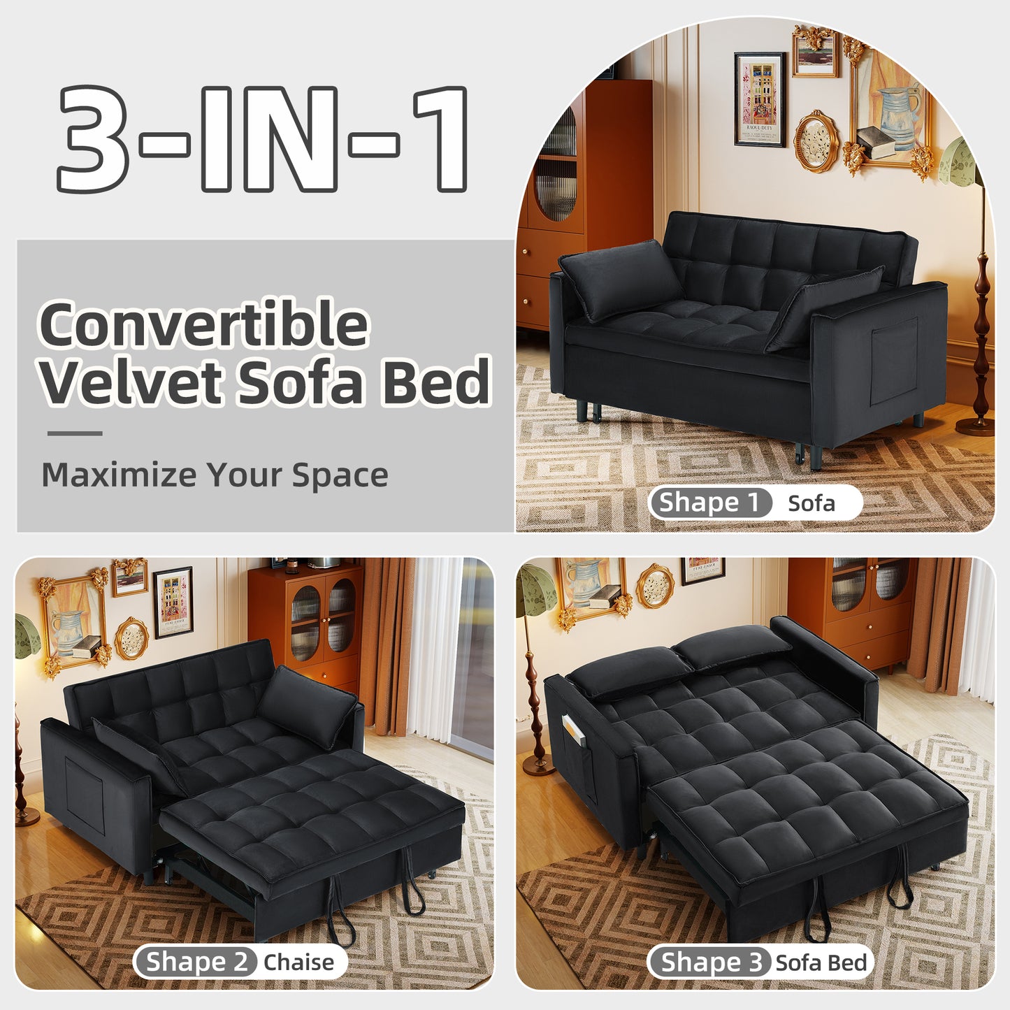 3-in-1 Convertible Sofa Bed, Loveseat Sleeper Sofa with Pull Out Bed & Adjustable Backrest for Living Room or Office