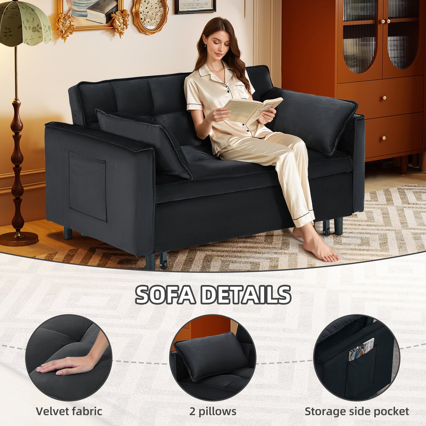 3-in-1 Convertible Sofa Bed, Loveseat Sleeper Sofa with Pull Out Bed & Adjustable Backrest for Living Room or Office