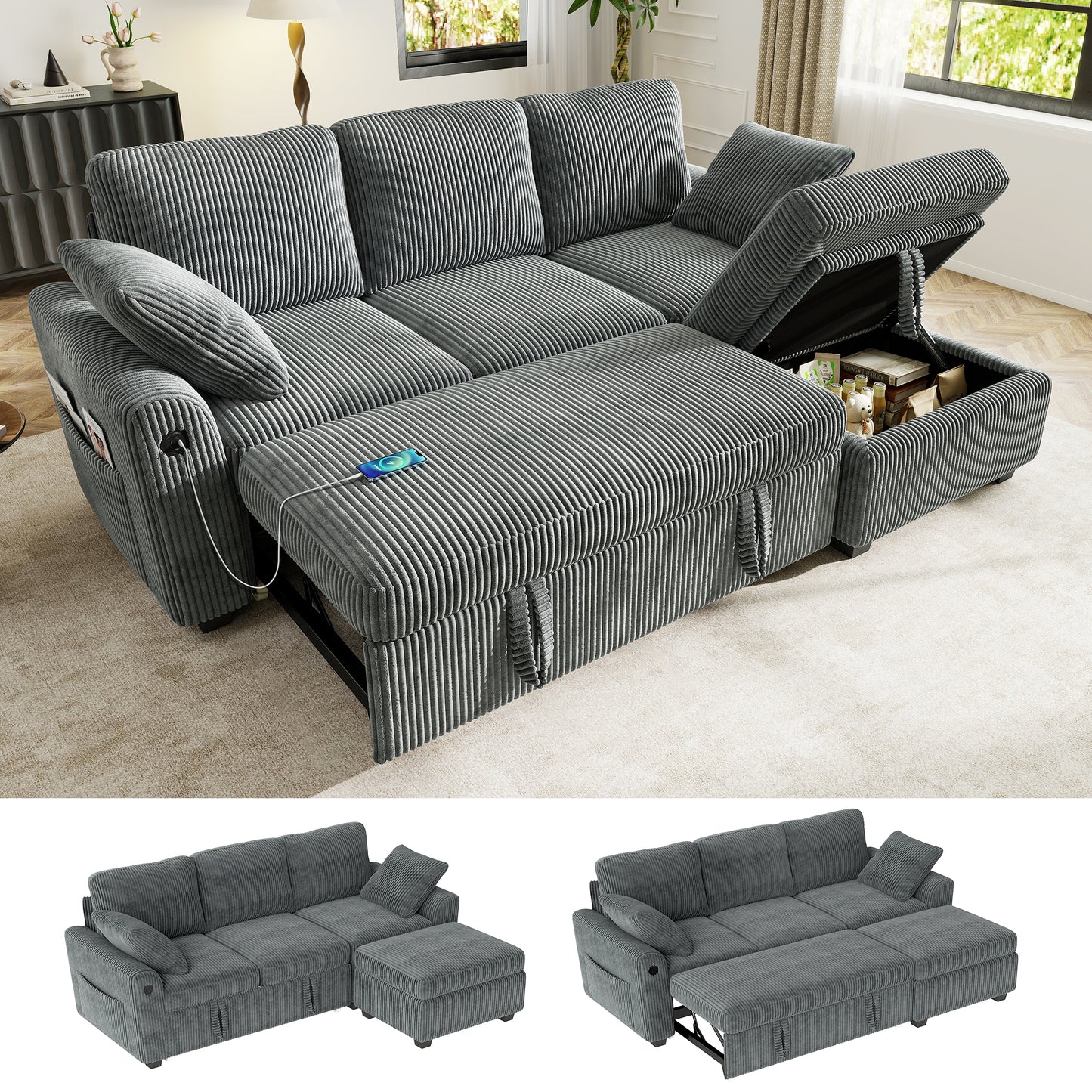 Sectional Sleeper Sofa with Pull Out Bed for Living Room