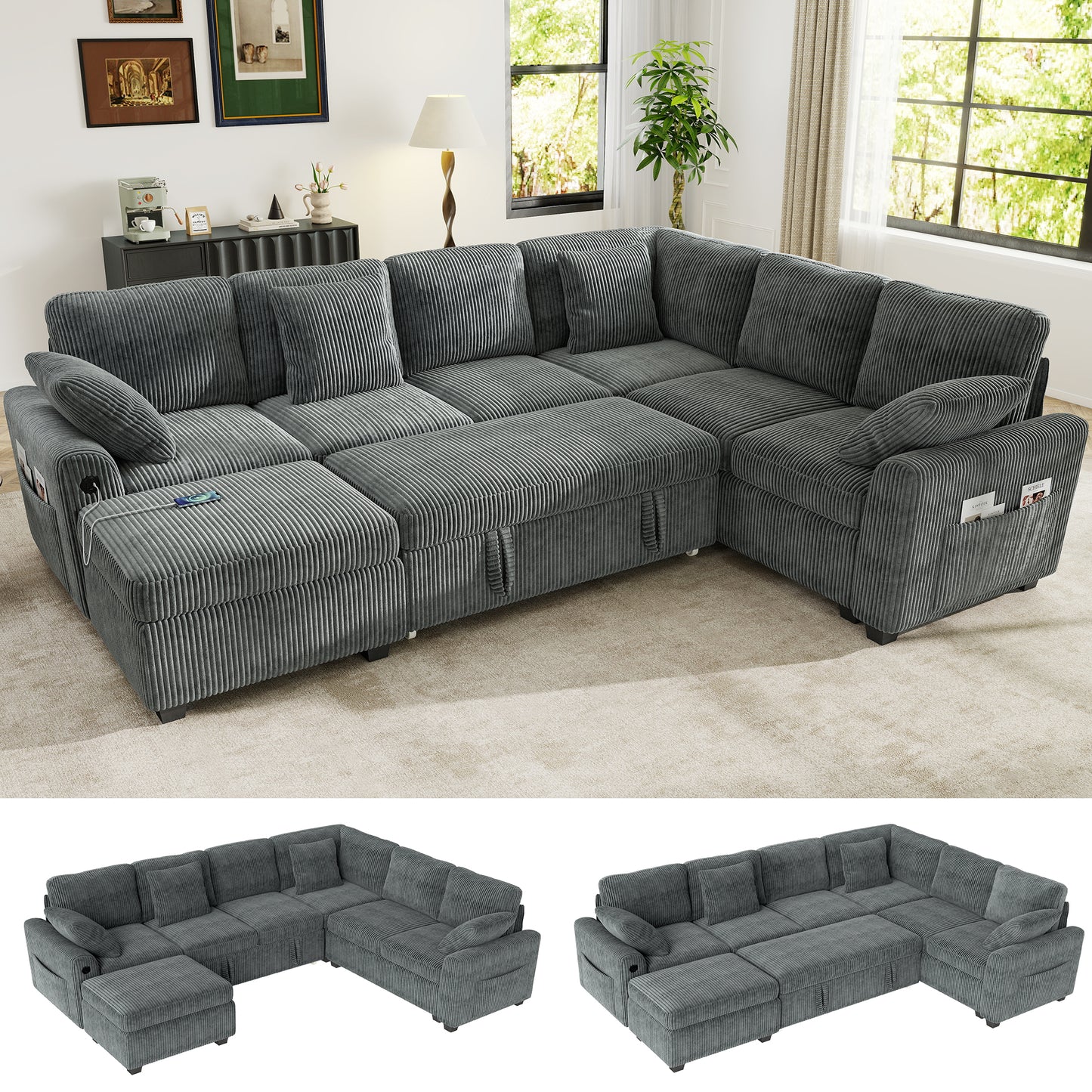 Sectional Sleeper Sofa with Pull Out Bed for Living Room