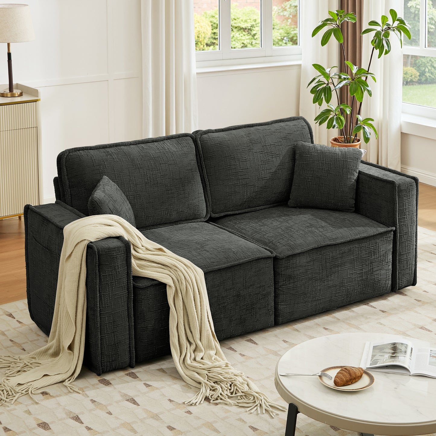 BedLuxury Oversized Loveseat Sofa, Modern Sectional Couch with Width Armrest for Living Room & Bedroom, Breathable Chenille Fabric