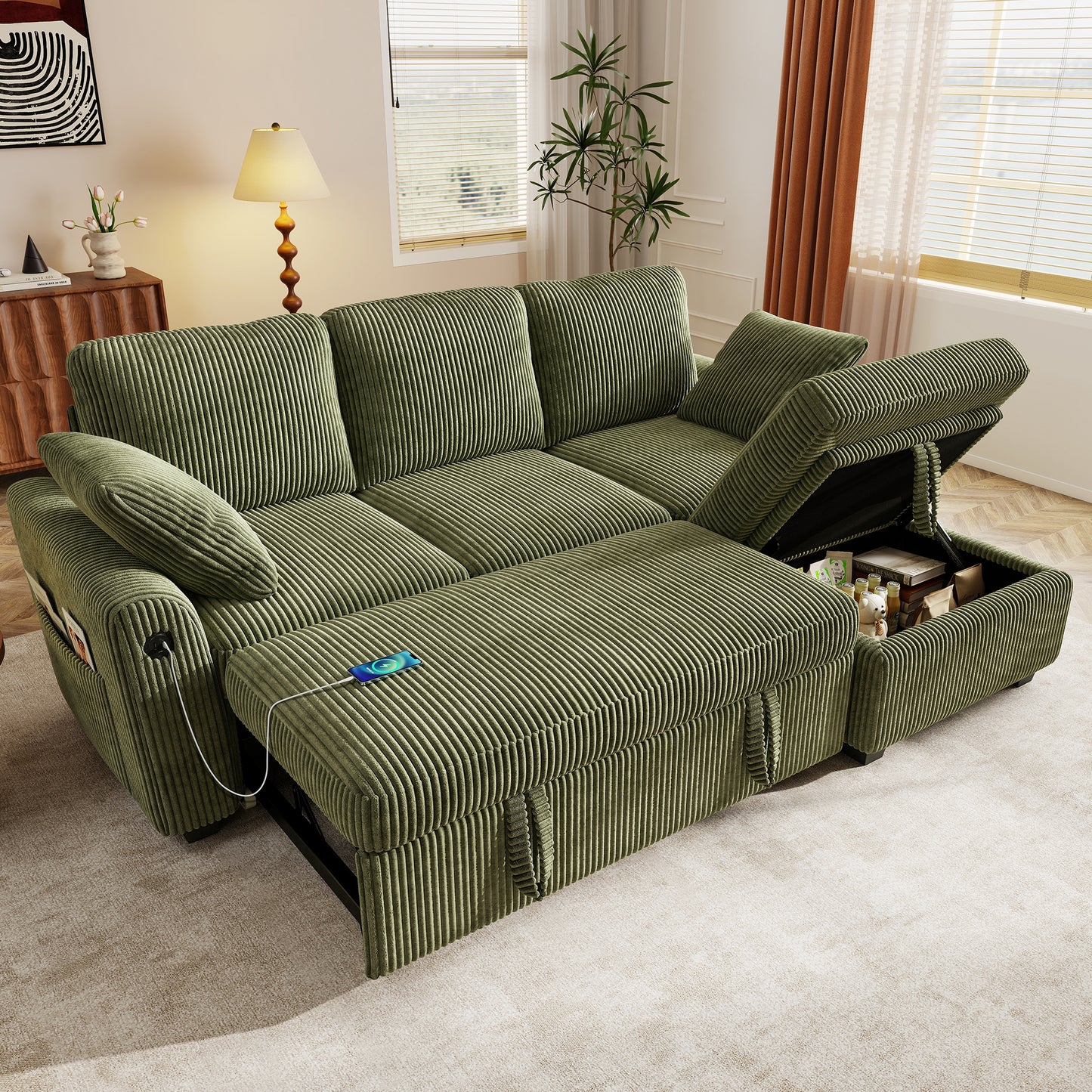 Sectional Sleeper Sofa with Pull Out Bed for Living Room