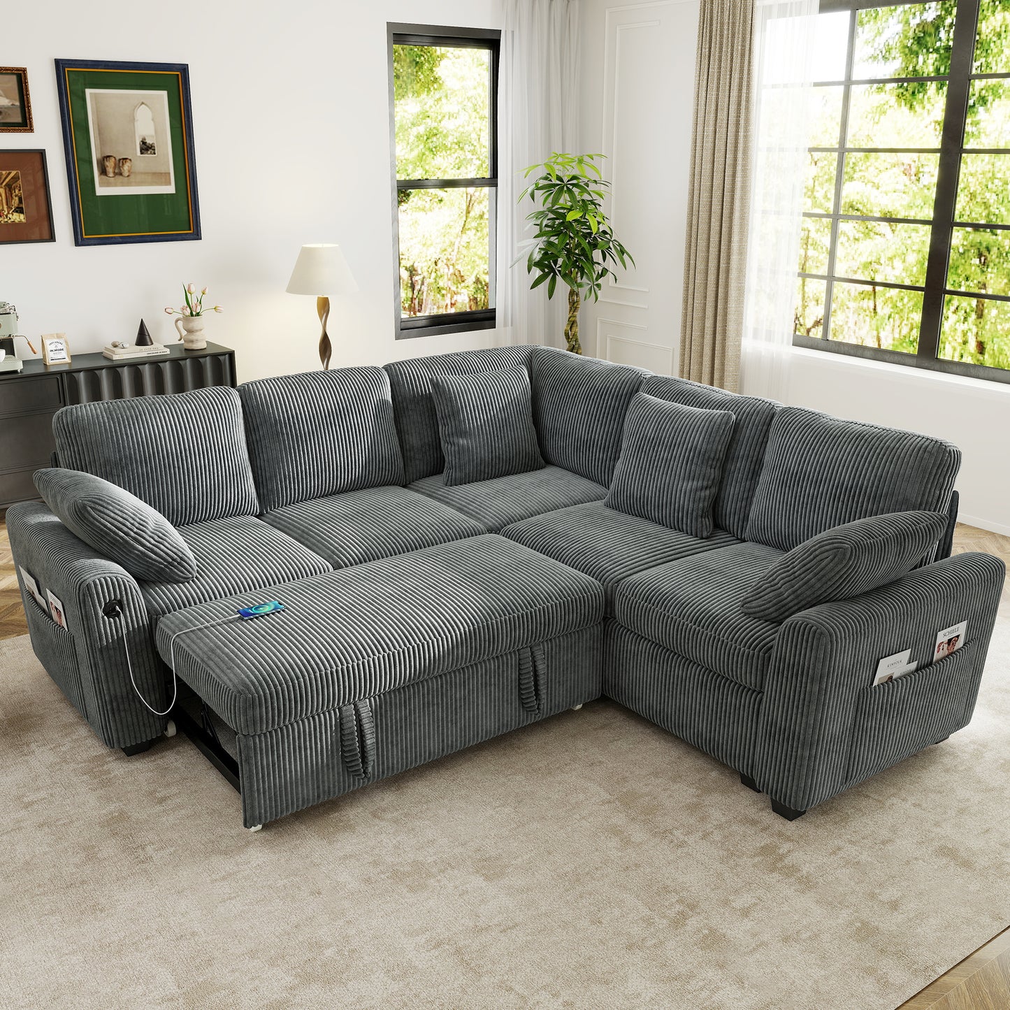 Sectional Sleeper Sofa with Pull Out Bed for Living Room