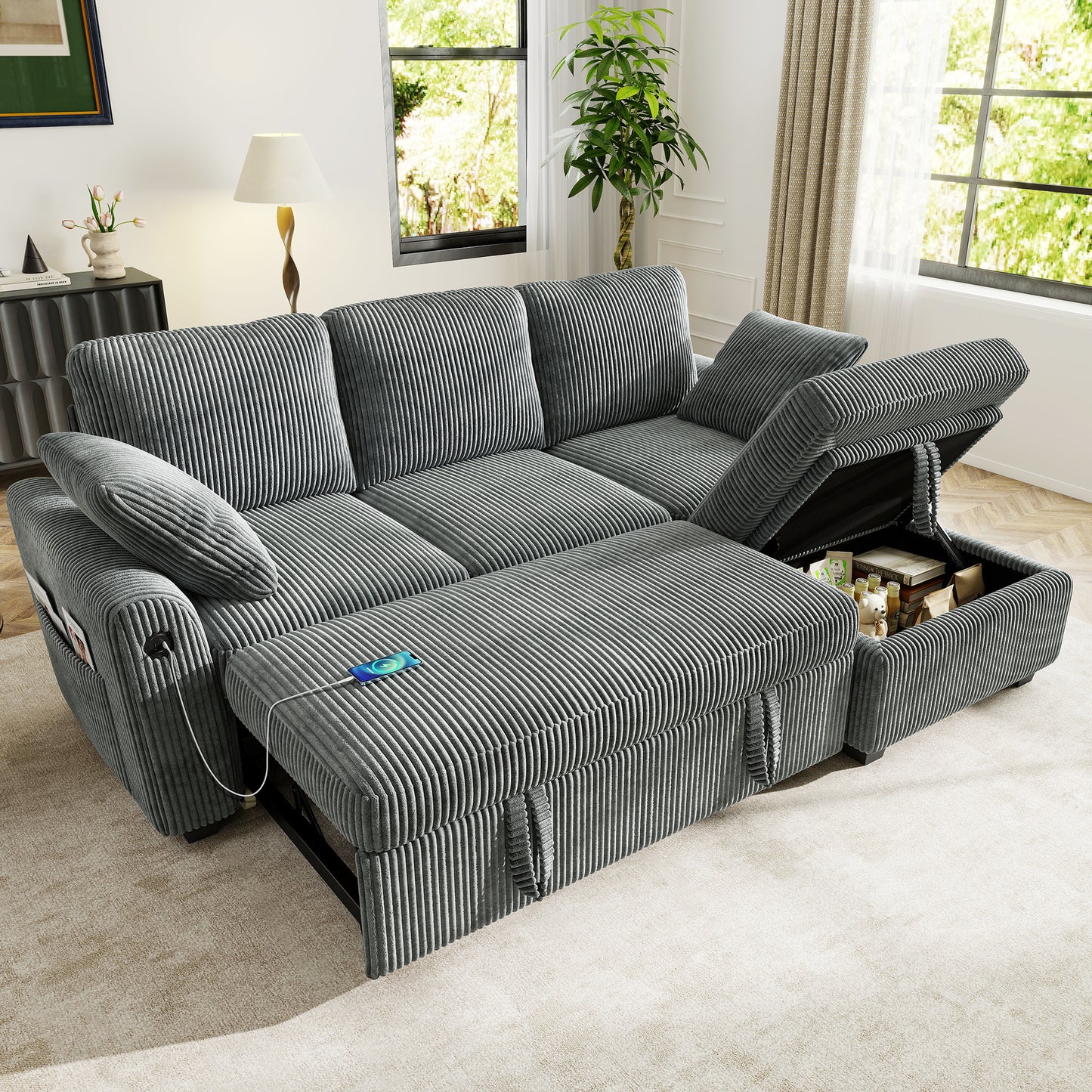 Sectional Sleeper Sofa with Pull Out Bed for Living Room