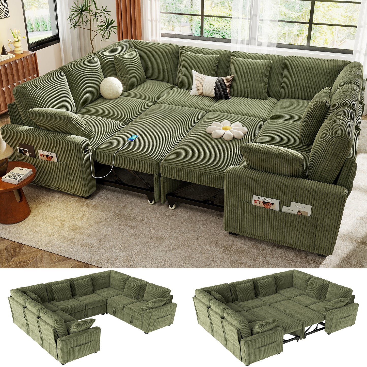Sectional Sleeper Sofa with Pull Out Bed for Living Room