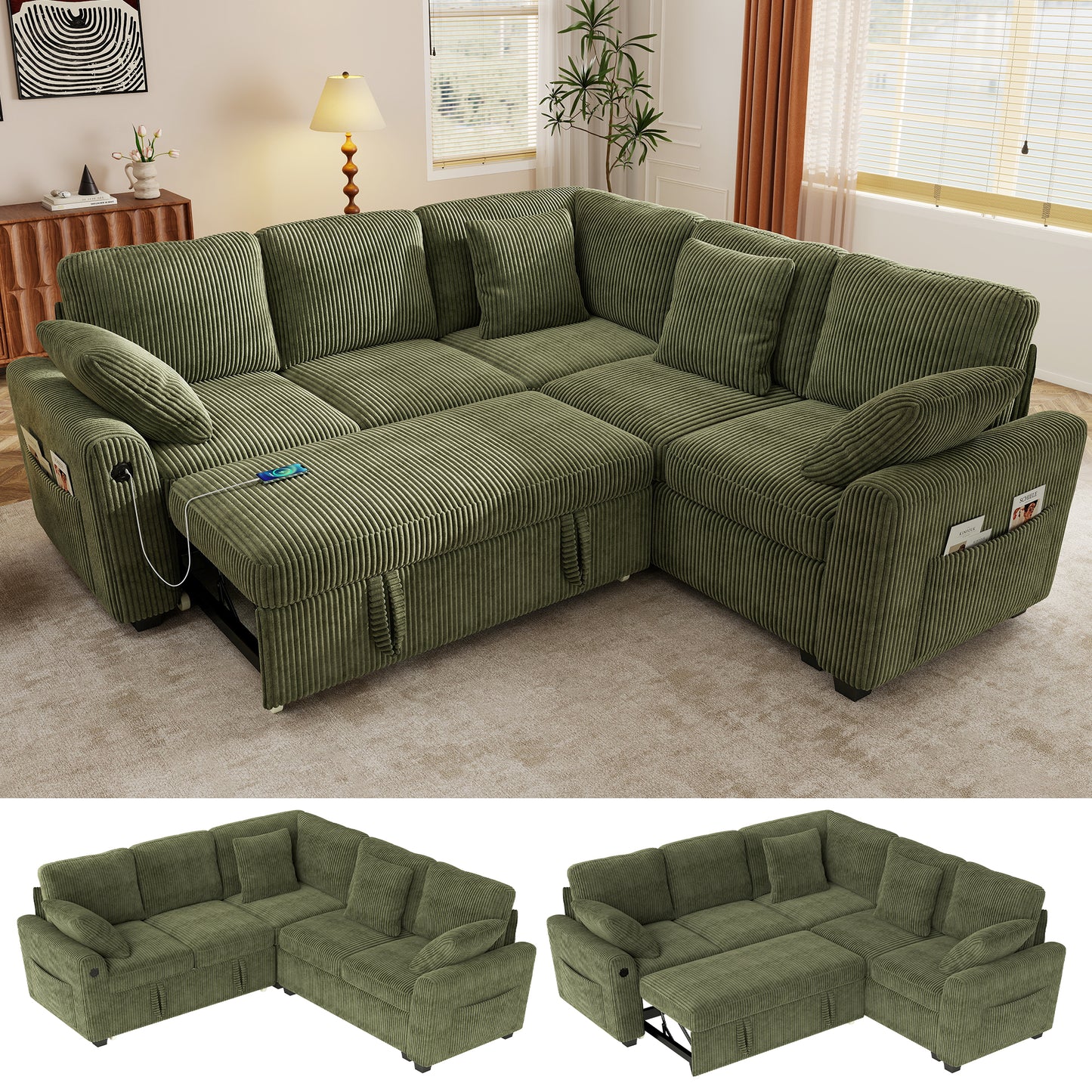 Sectional Sleeper Sofa with Pull Out Bed for Living Room