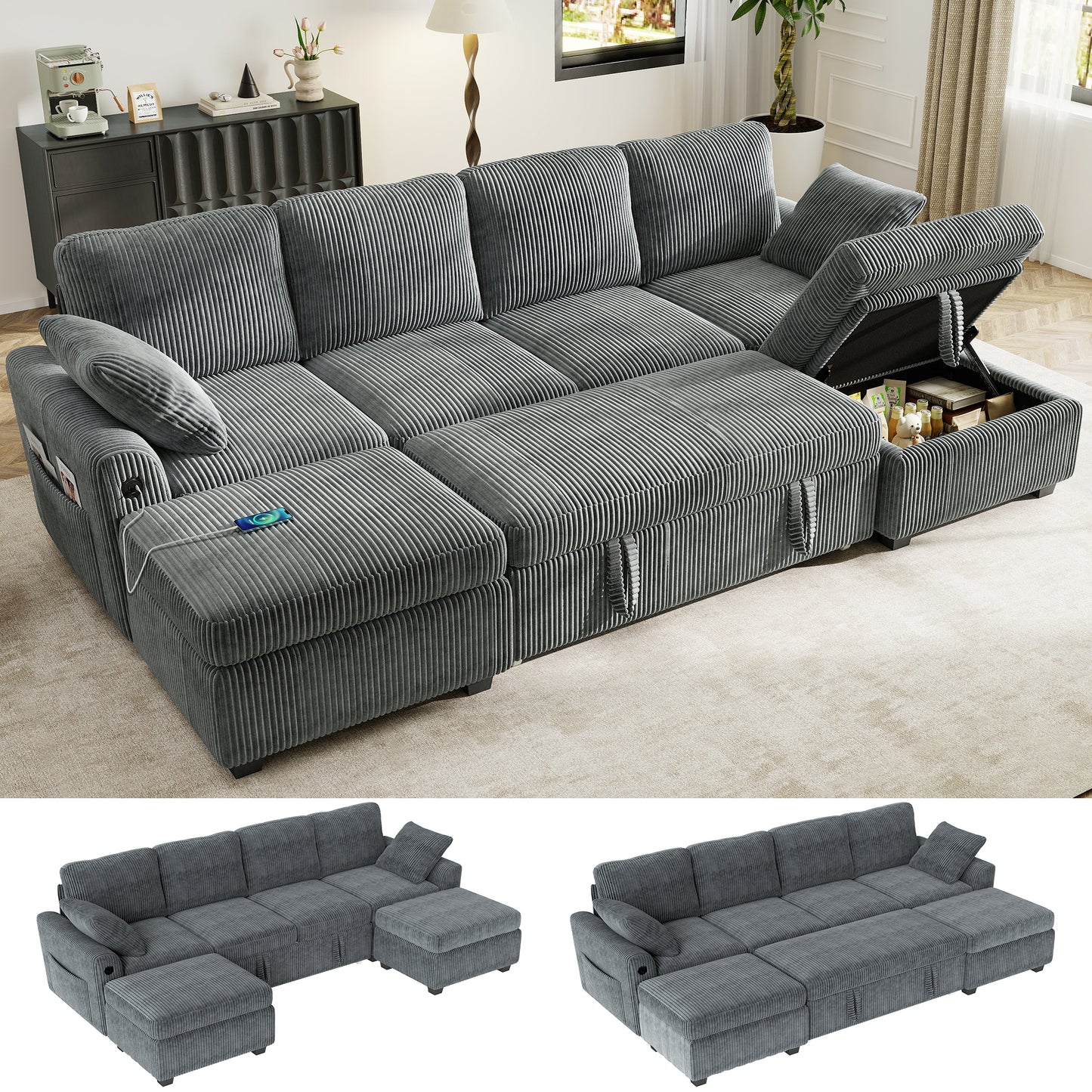 Sectional Sleeper Sofa with Pull Out Bed for Living Room