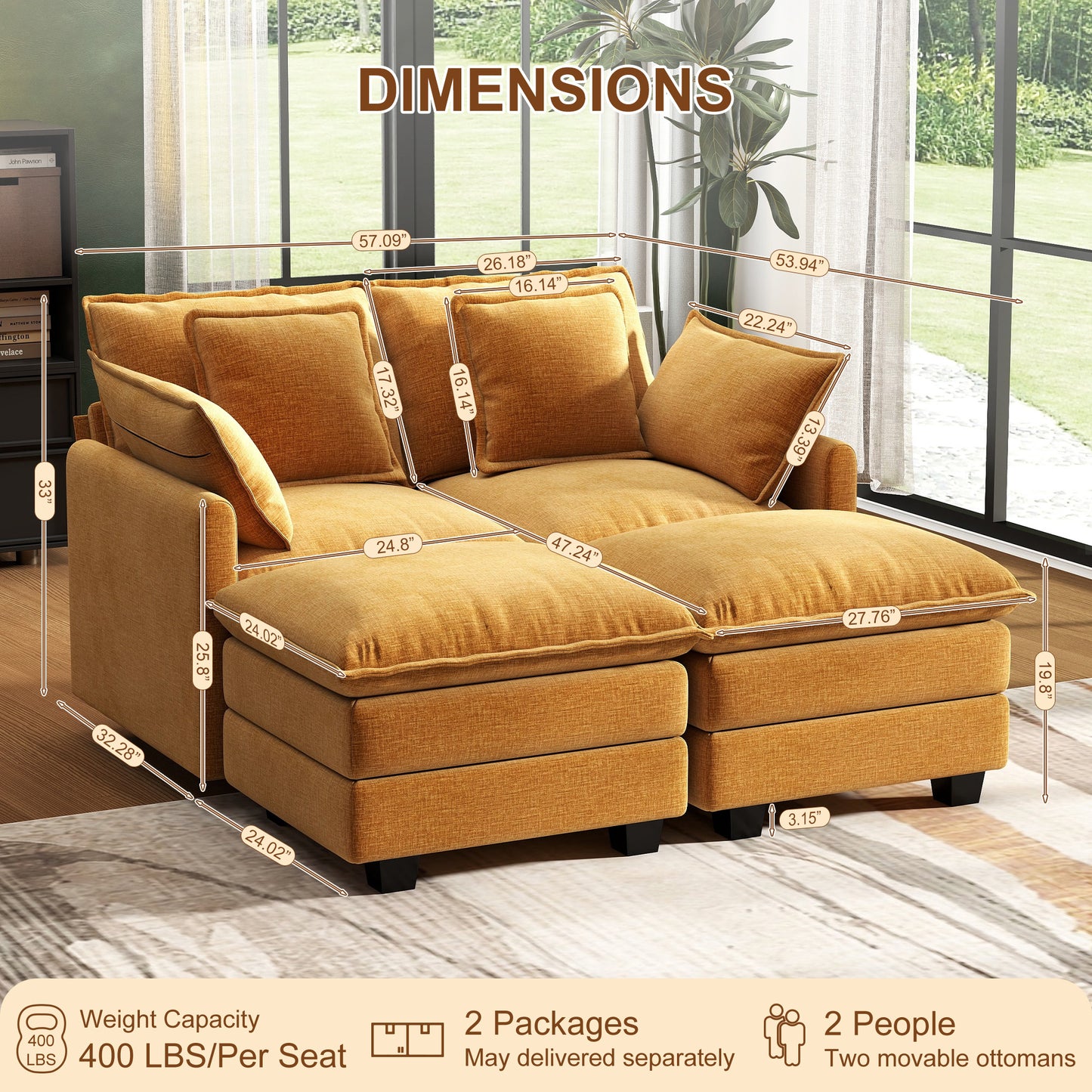 Modular Sectional Sofa with Movable Ottomans