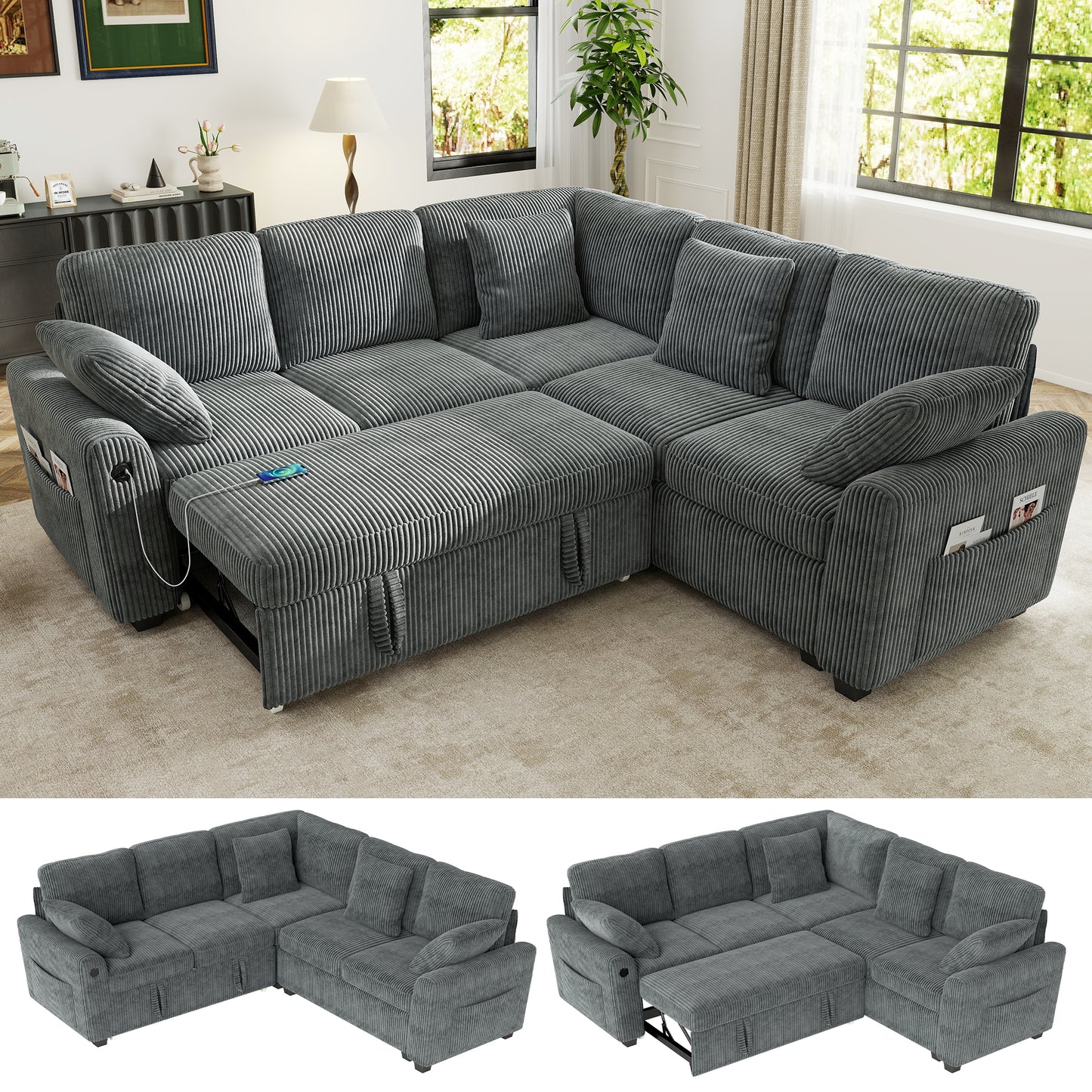 Sectional Sleeper Sofa with Pull Out Bed for Living Room