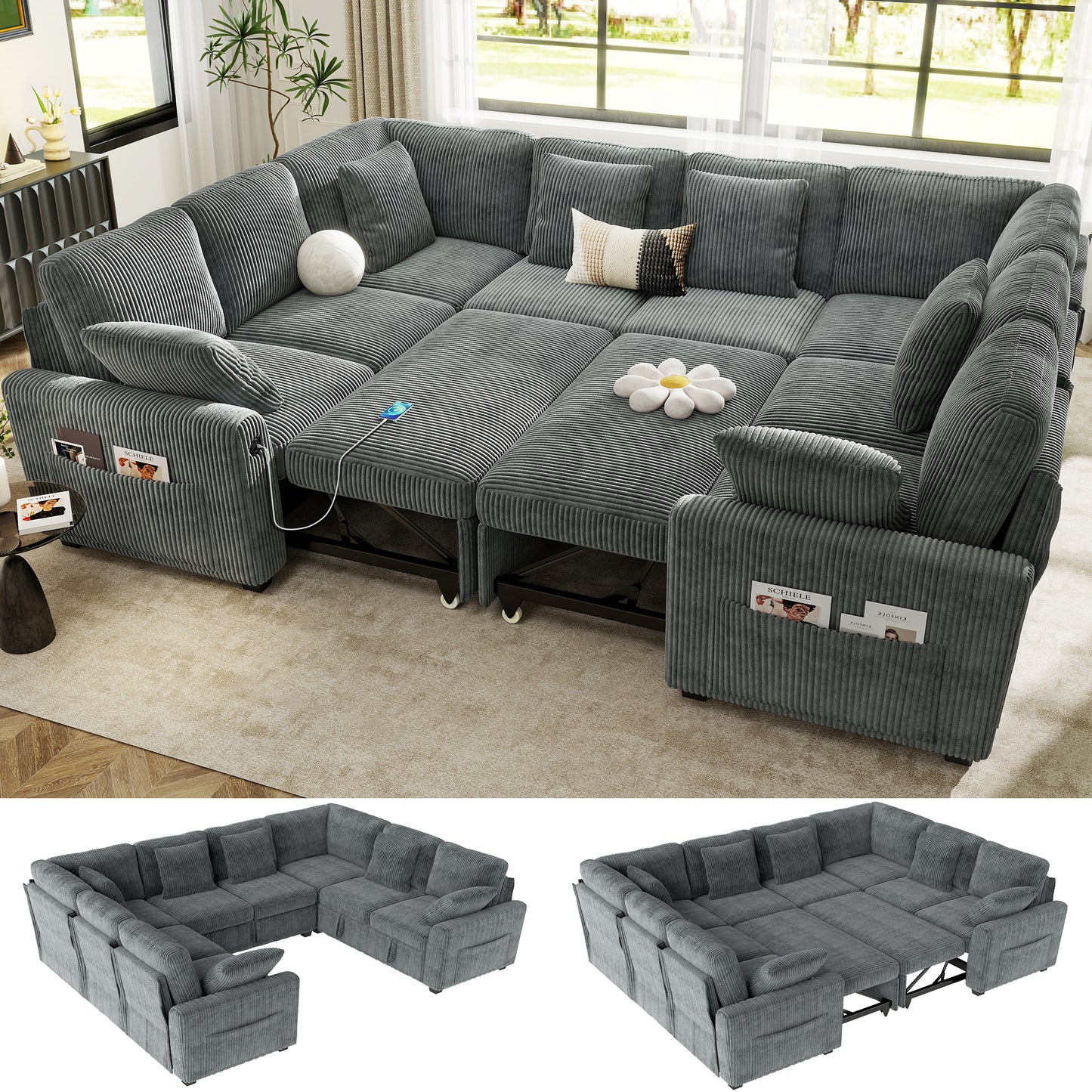 Sectional Sleeper Sofa with Pull Out Bed for Living Room
