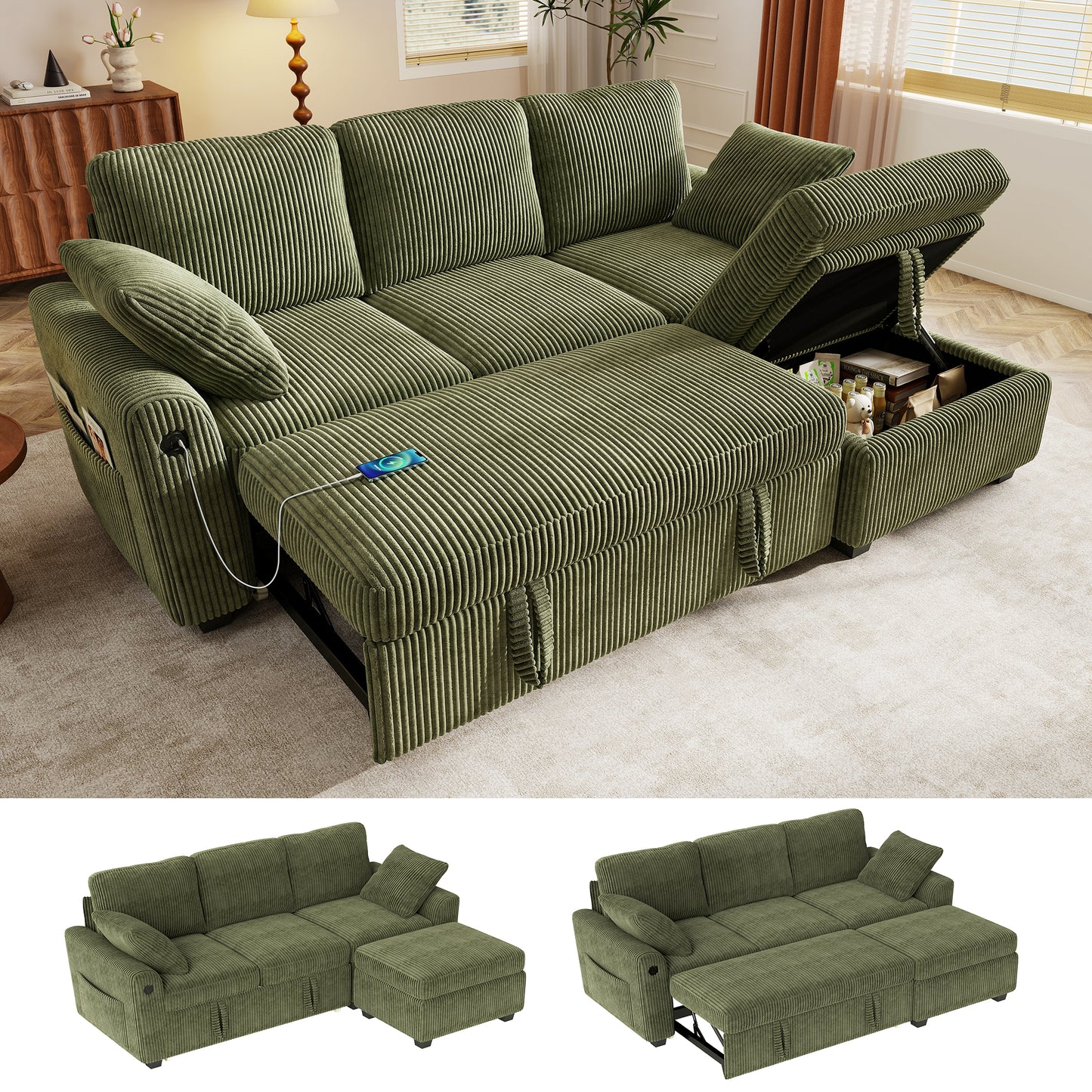 Sectional Sleeper Sofa with Pull Out Bed for Living Room