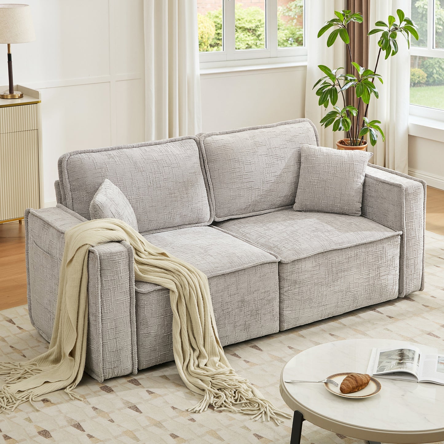 BedLuxury Oversized Loveseat Sofa, Modern Sectional Couch with Width Armrest for Living Room & Bedroom, Breathable Chenille Fabric