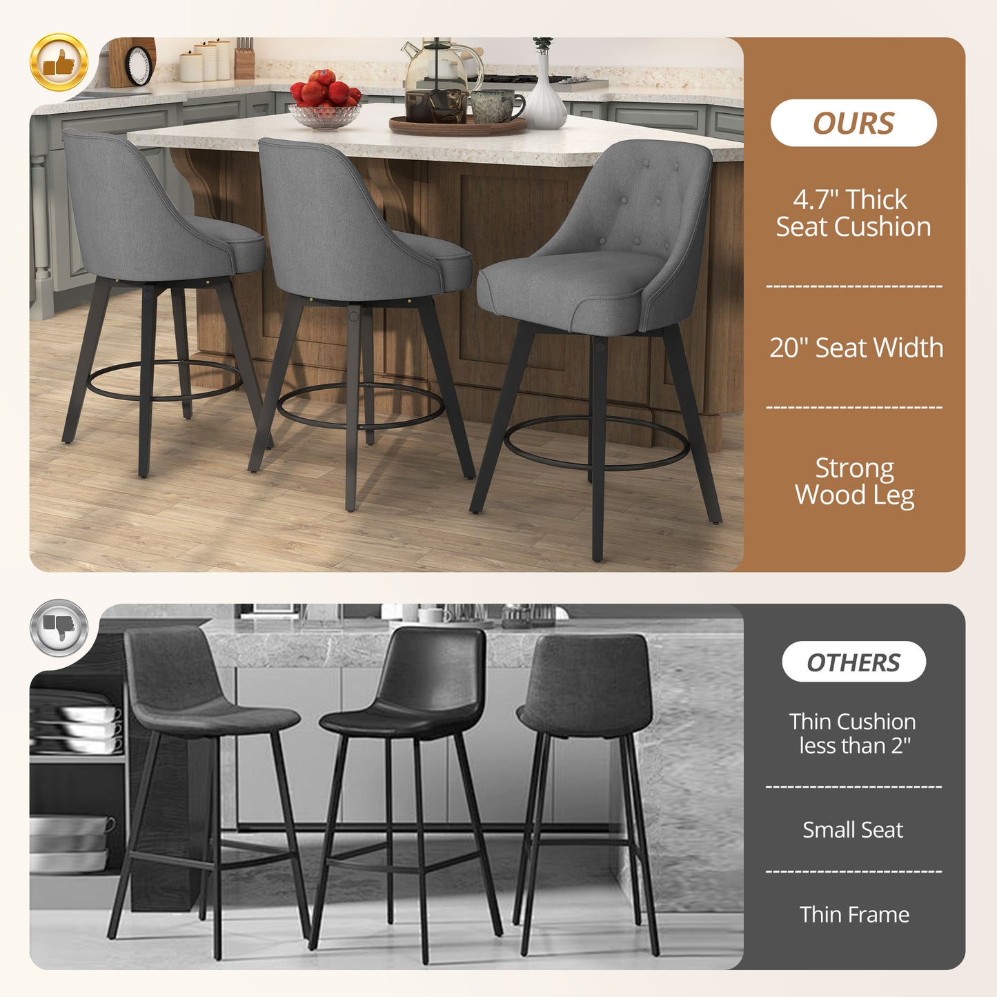 Linen Upholstered Counter Height Bar Stool for Kitchen Island