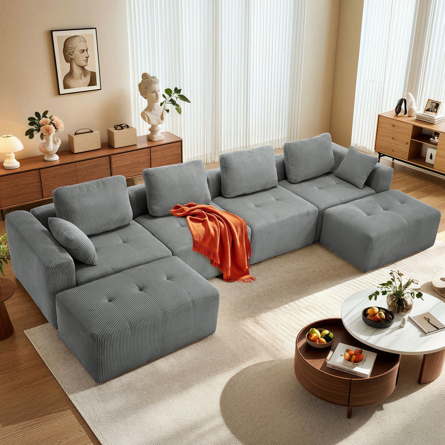 BedLuxury Modular Sectional Sofa with Deep Seat, Modern U-shaped Sofa with Wide Armrests and Ottoman for Living Room or Bedroom, Corduroy Fabric.