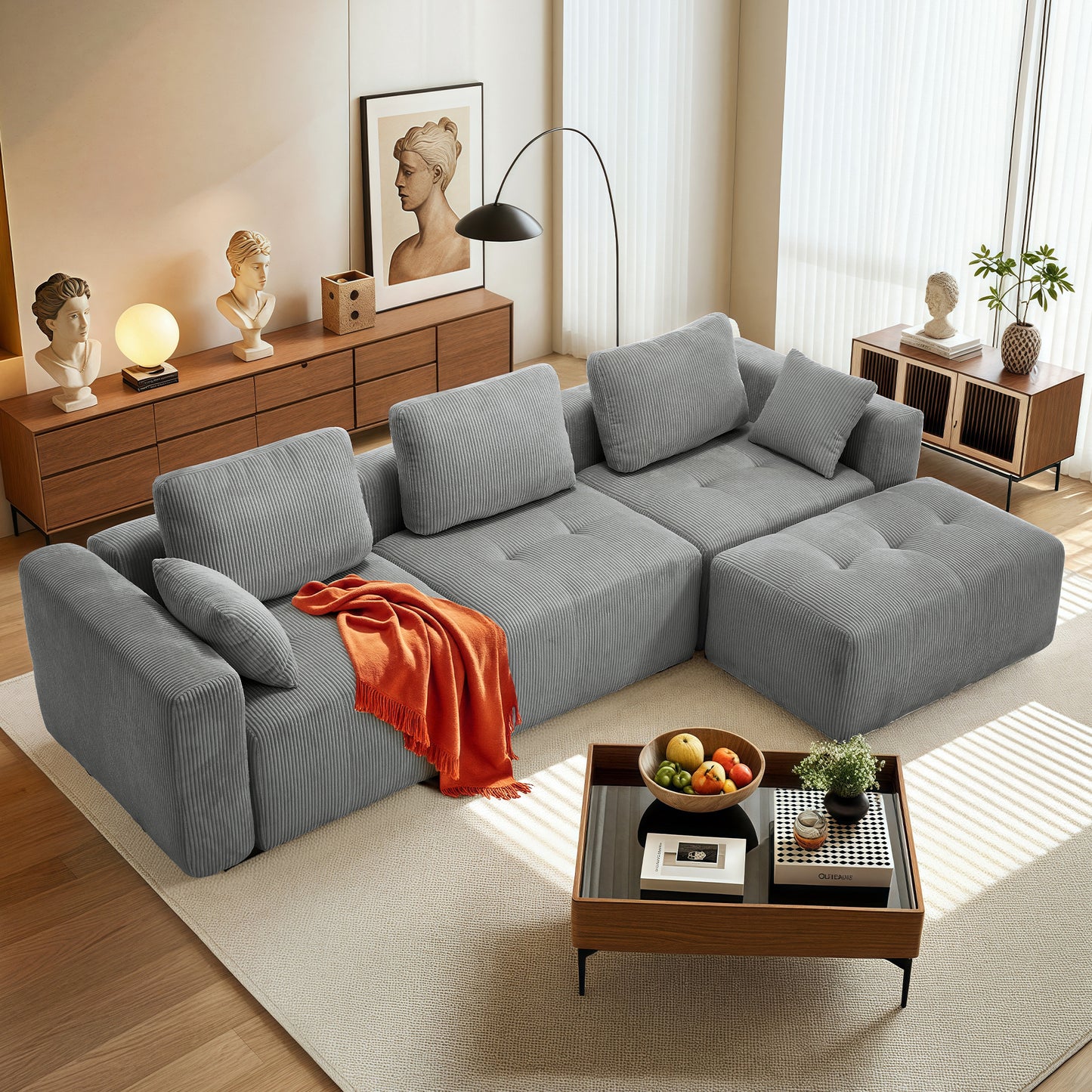 BedLuxury Modular Sectional Sofa with Deep Seat, Modern U-shaped Sofa with Wide Armrests and Ottoman for Living Room or Bedroom, Corduroy Fabric.