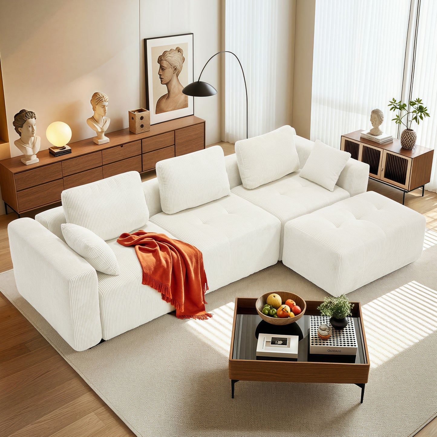 BedLuxury Modular Sectional Sofa with Deep Seat, Modern U-shaped Sofa with Wide Armrests and Ottoman for Living Room or Bedroom, Corduroy Fabric.