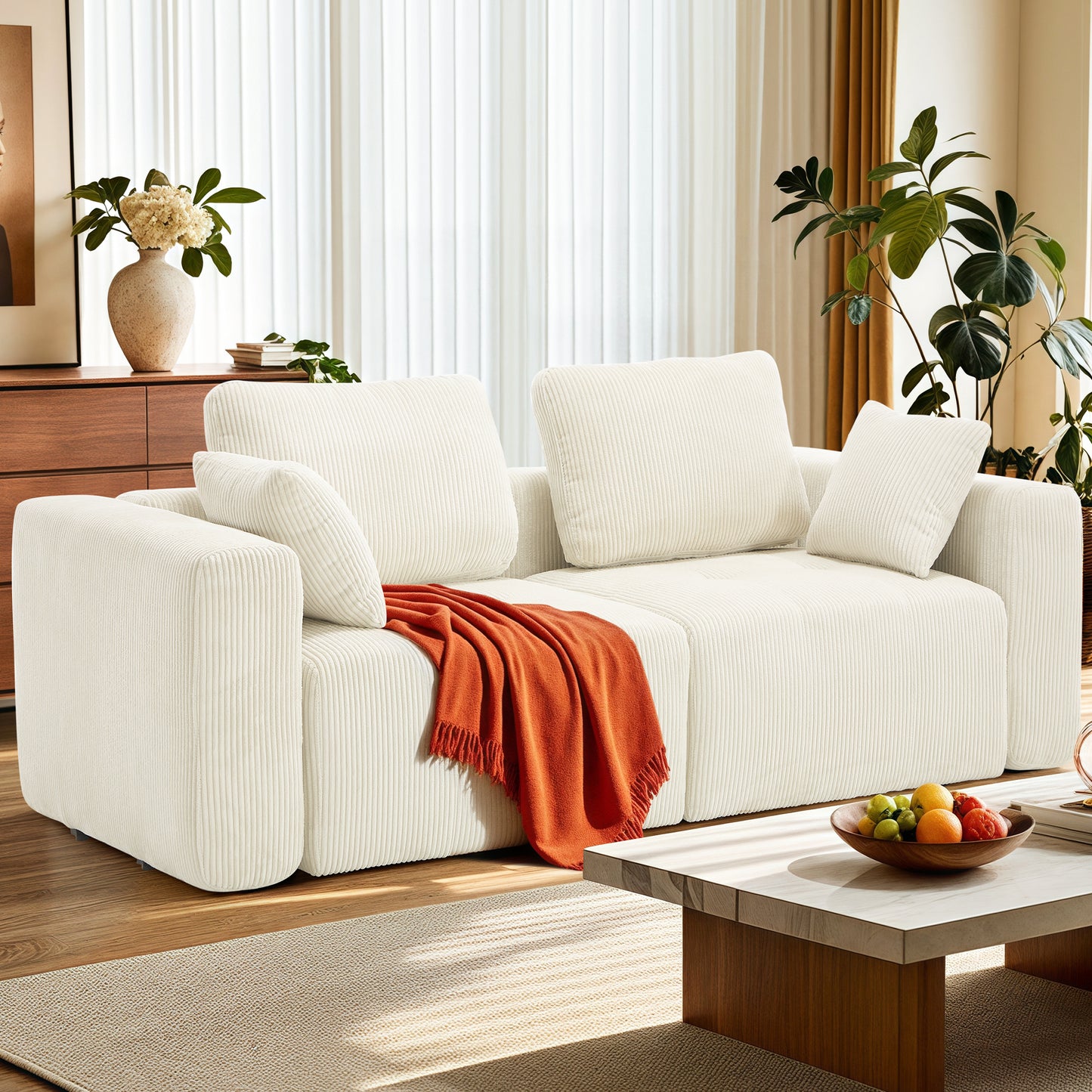 BedLuxury Modular Sectional Sofa with Deep Seat, Modern U-shaped Sofa with Wide Armrests and Ottoman for Living Room or Bedroom, Corduroy Fabric.