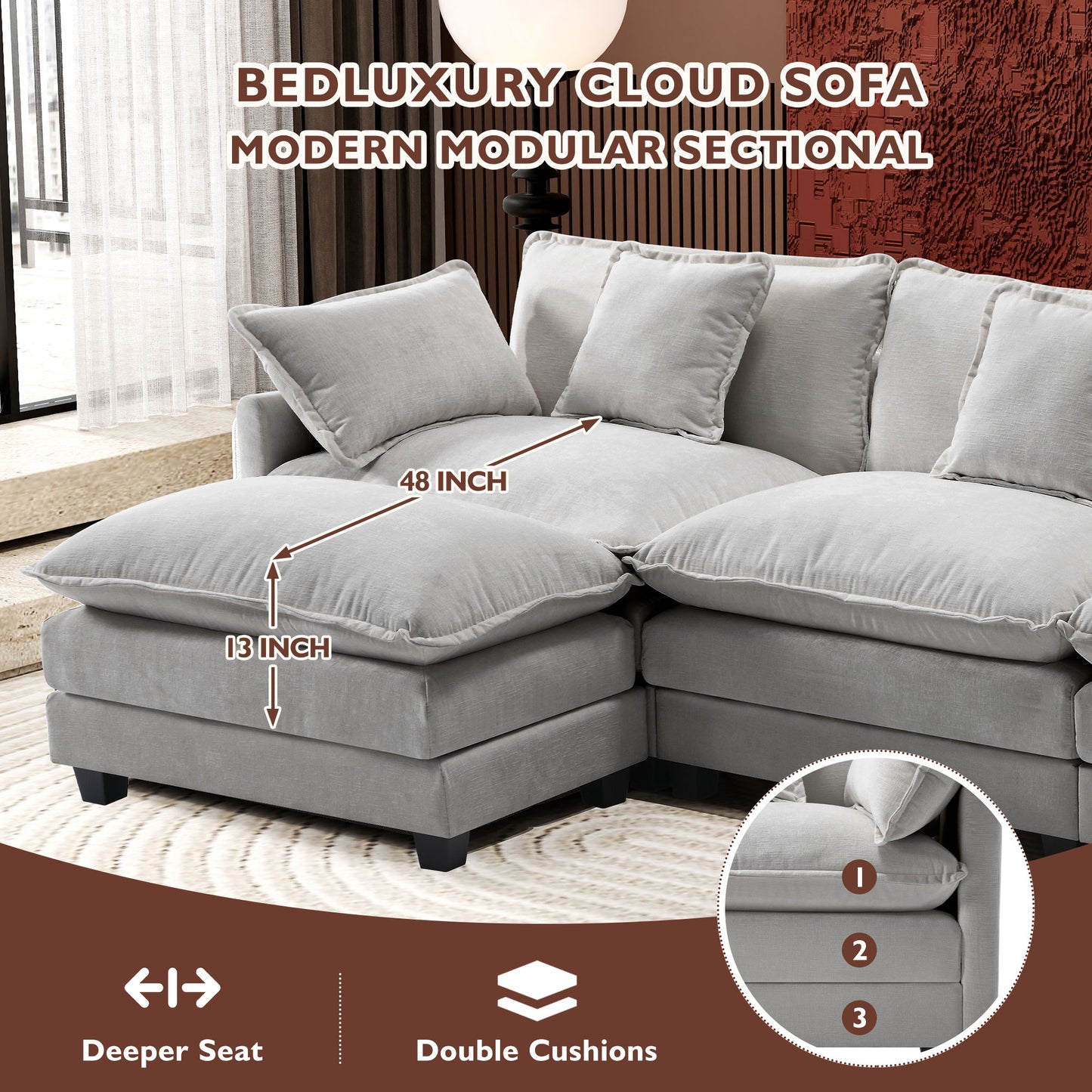 Modern Chenille Sectional Sofa Cloud Couch for Living Room