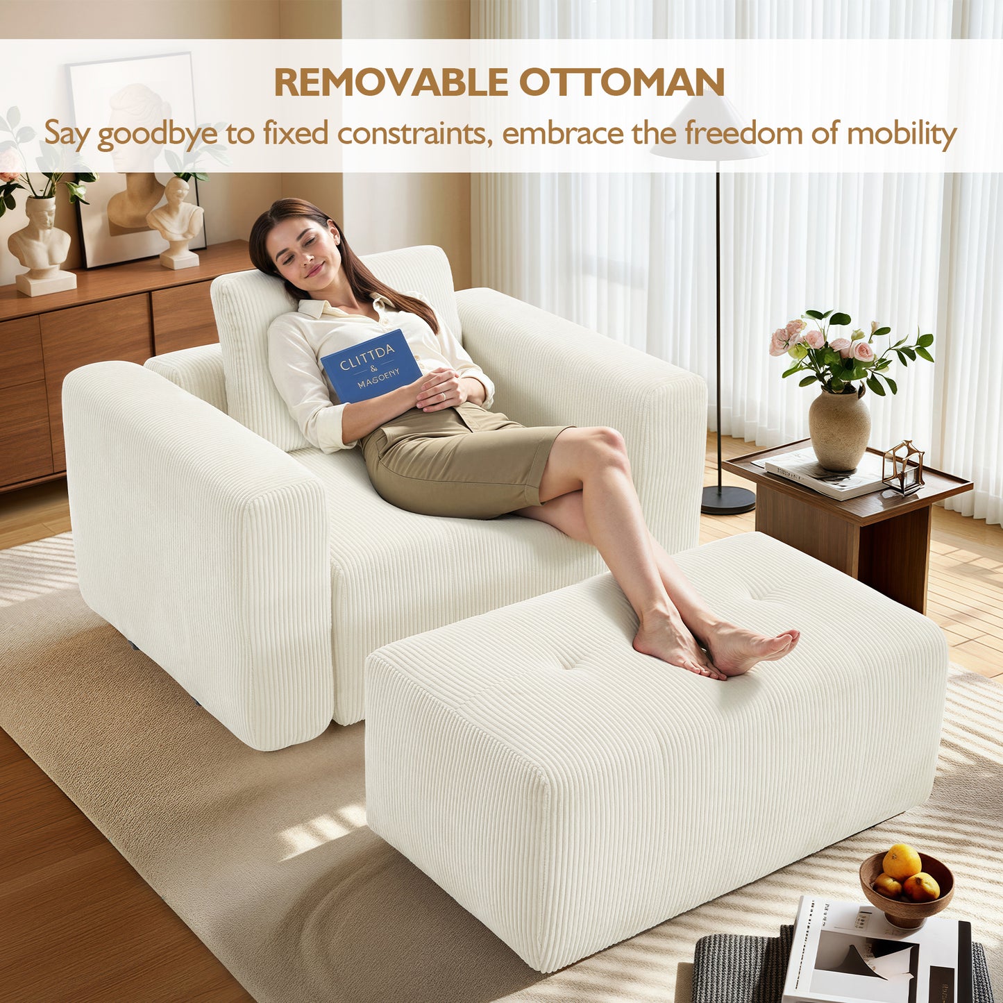 BedLuxury Modular Sectional Sofa with Deep Seat, Modern U-shaped Sofa with Wide Armrests and Ottoman for Living Room or Bedroom, Corduroy Fabric.