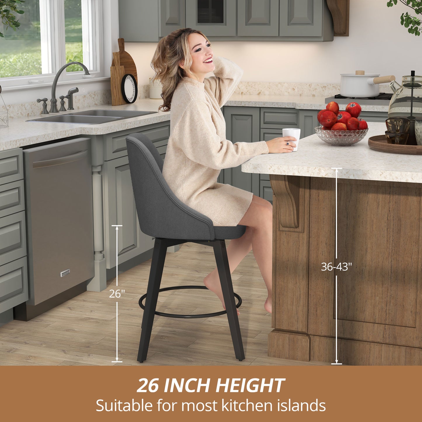 Linen Upholstered Counter Height Bar Stool for Kitchen Island