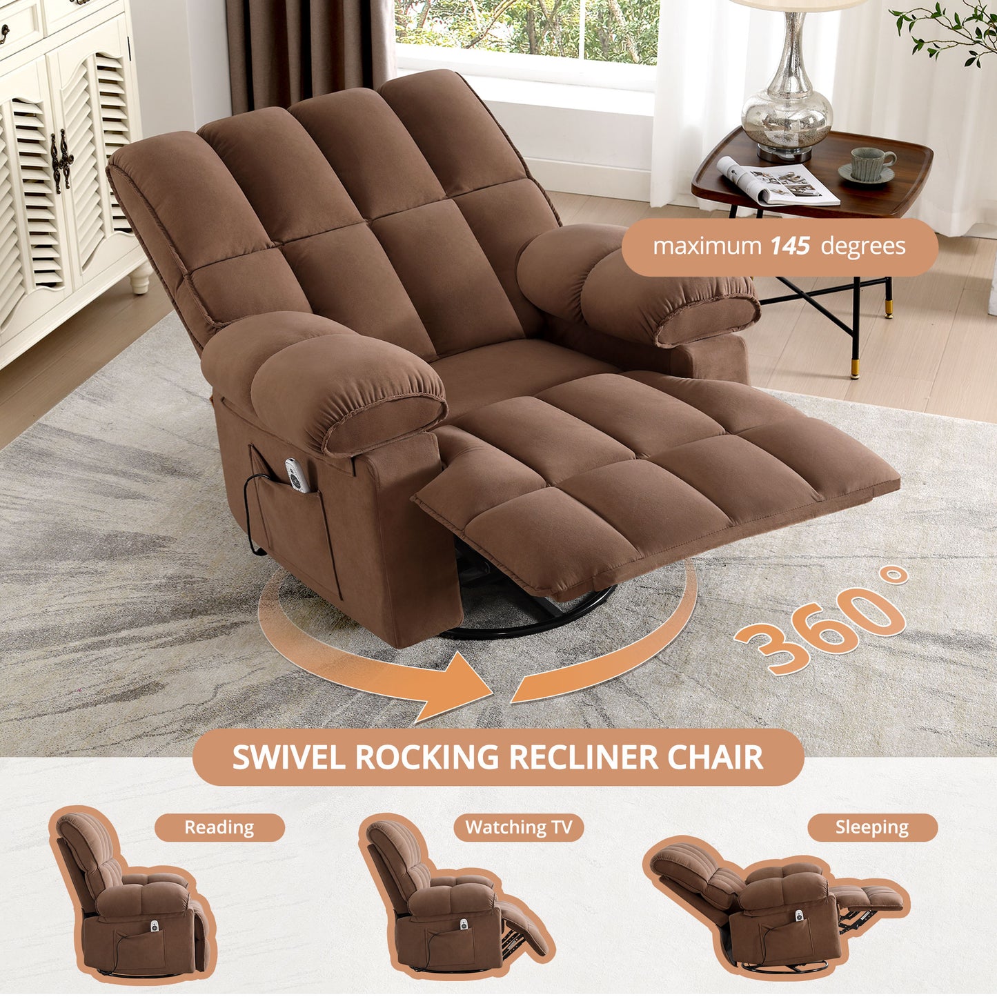 Swivel Rocker Recliner Chair with Massage and Heat