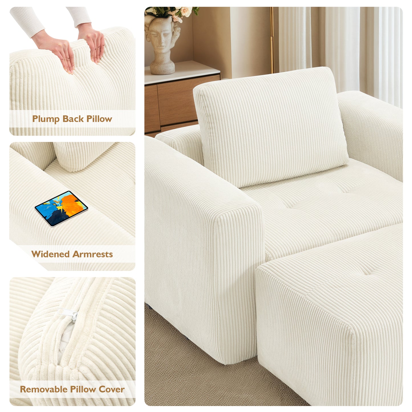BedLuxury Modular Sectional Sofa with Deep Seat, Modern U-shaped Sofa with Wide Armrests and Ottoman for Living Room or Bedroom, Corduroy Fabric.