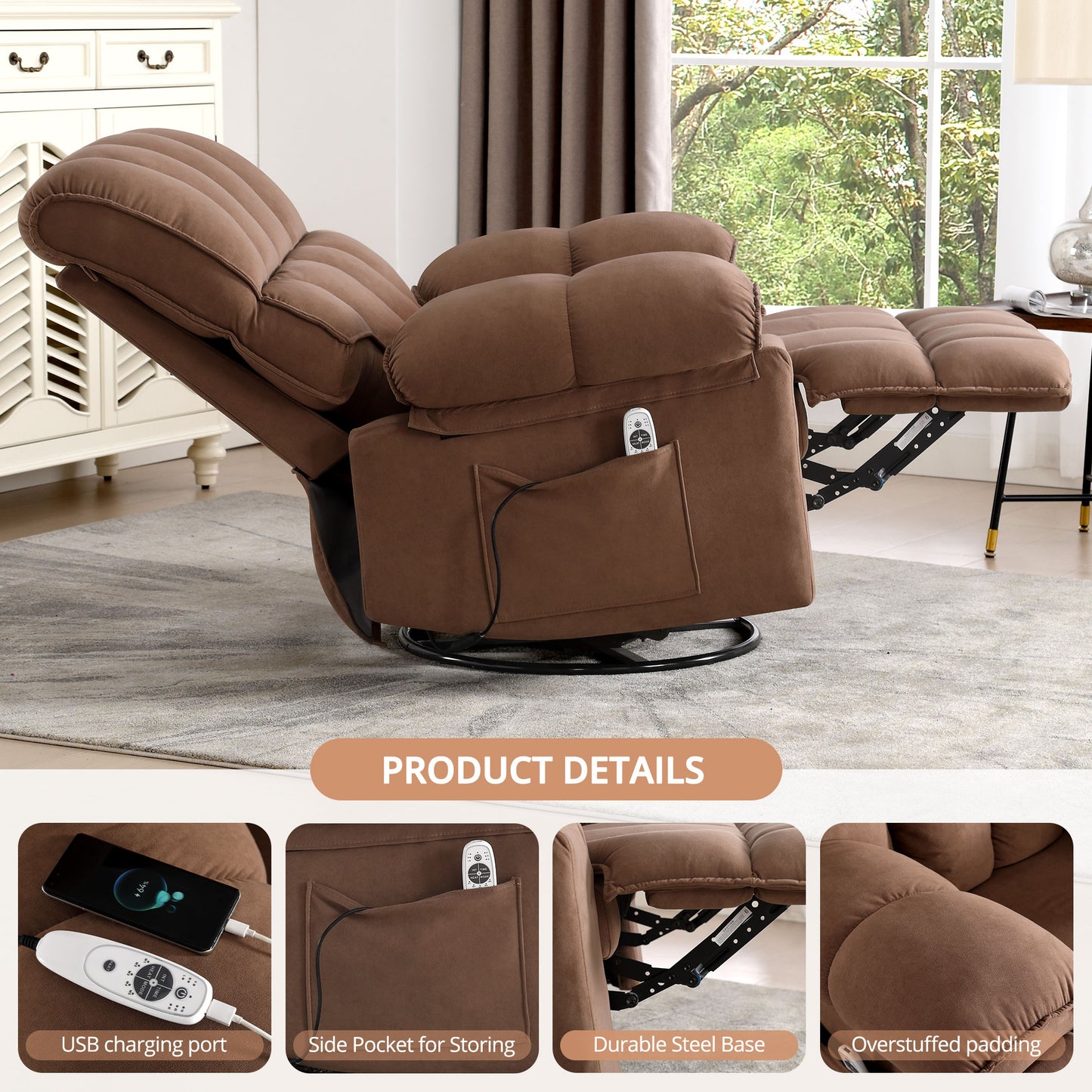 Swivel Rocker Recliner Chair with Massage and Heat