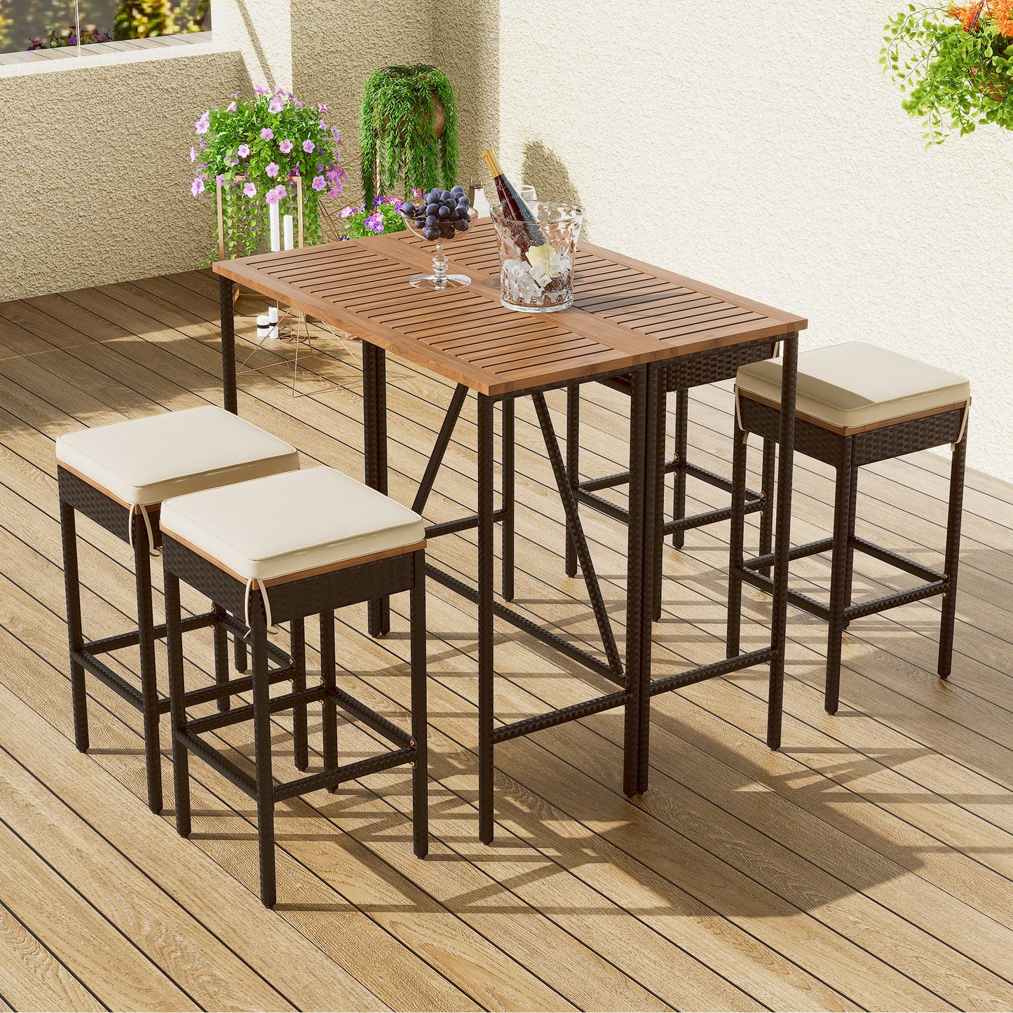 Outdoor Dining Table Set,Acacia Wood Bar Height Table & Stools With Cushions