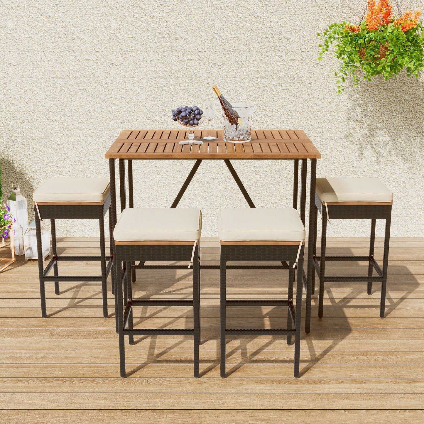 Outdoor Dining Table Set,Acacia Wood Bar Height Table & Stools With Cushions