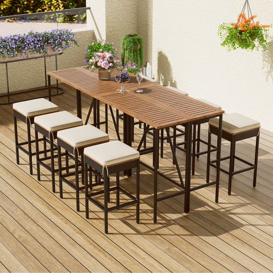 Outdoor Dining Table Set,Acacia Wood Bar Height Table & Stools With Cushions