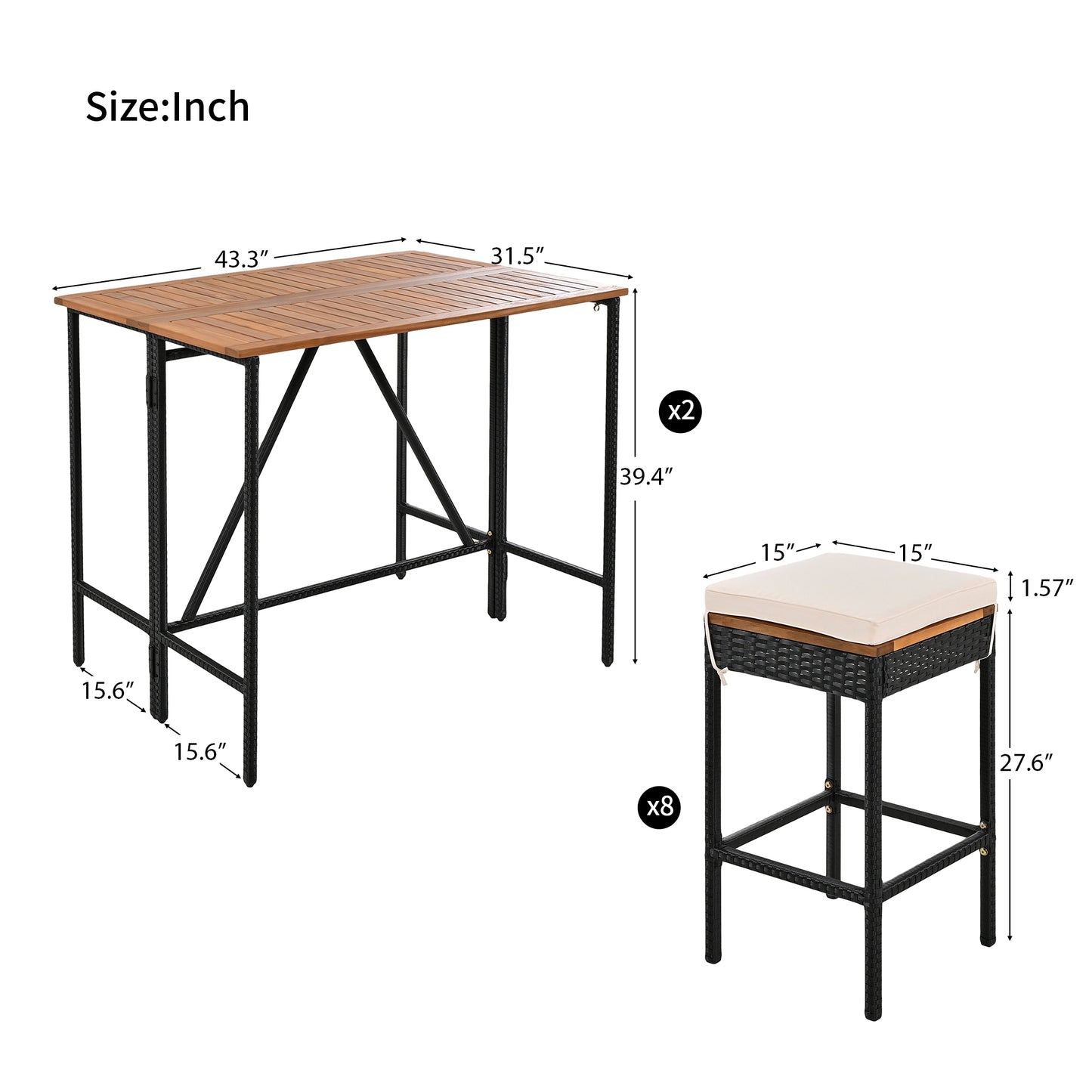 Outdoor Dining Table Set,Acacia Wood Bar Height Table & Stools With Cushions