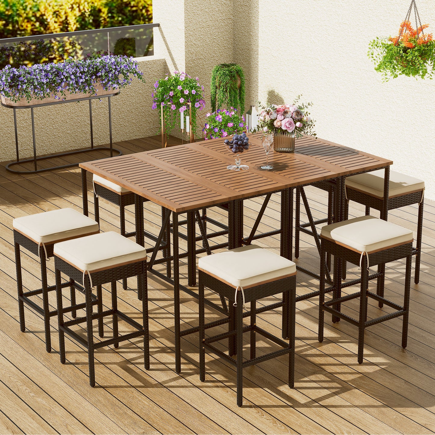 Outdoor Dining Table Set,Acacia Wood Bar Height Table & Stools With Cushions
