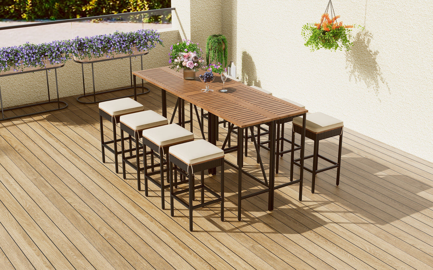 Outdoor Dining Table Set,Acacia Wood Bar Height Table & Stools With Cushions